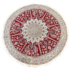Tapis persan rond noué à la main, médaillon floral crème rouge Nain 