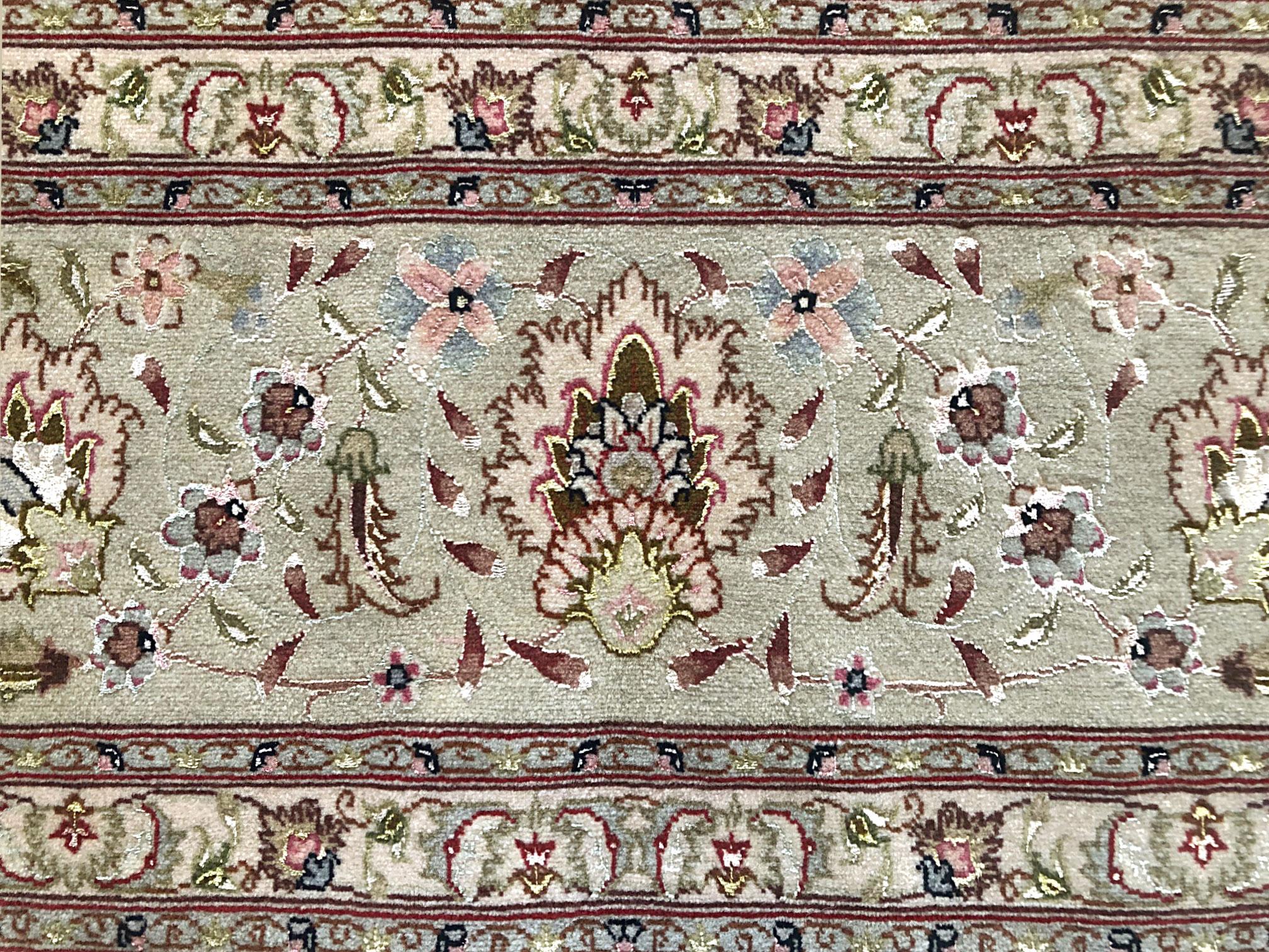Persian Hand Knotted Medallion Floral Cream Silk Tabriz Rug New For Sale 4