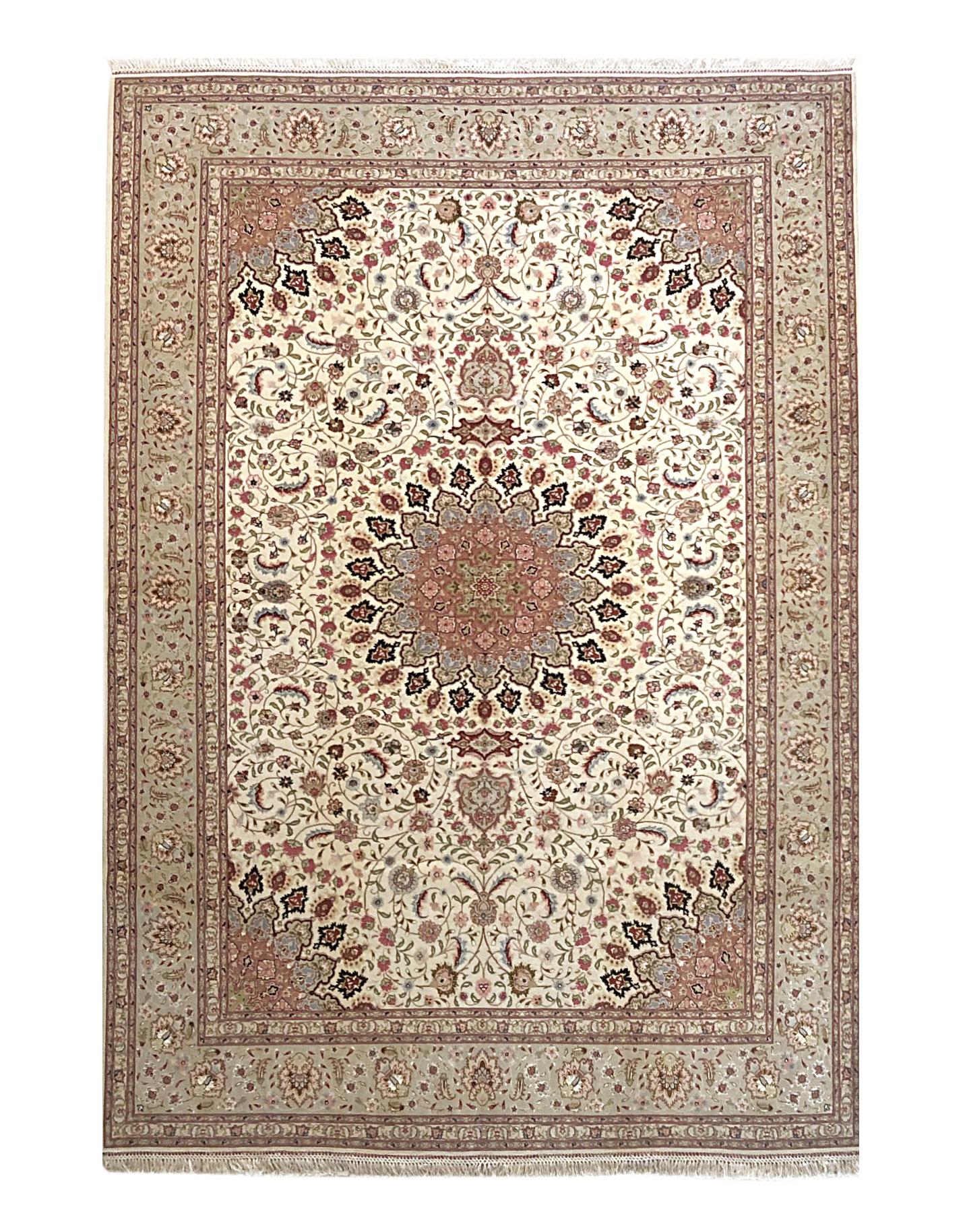 Persian Hand Knotted Medallion Floral Cream Silk Tabriz Rug New For Sale 6