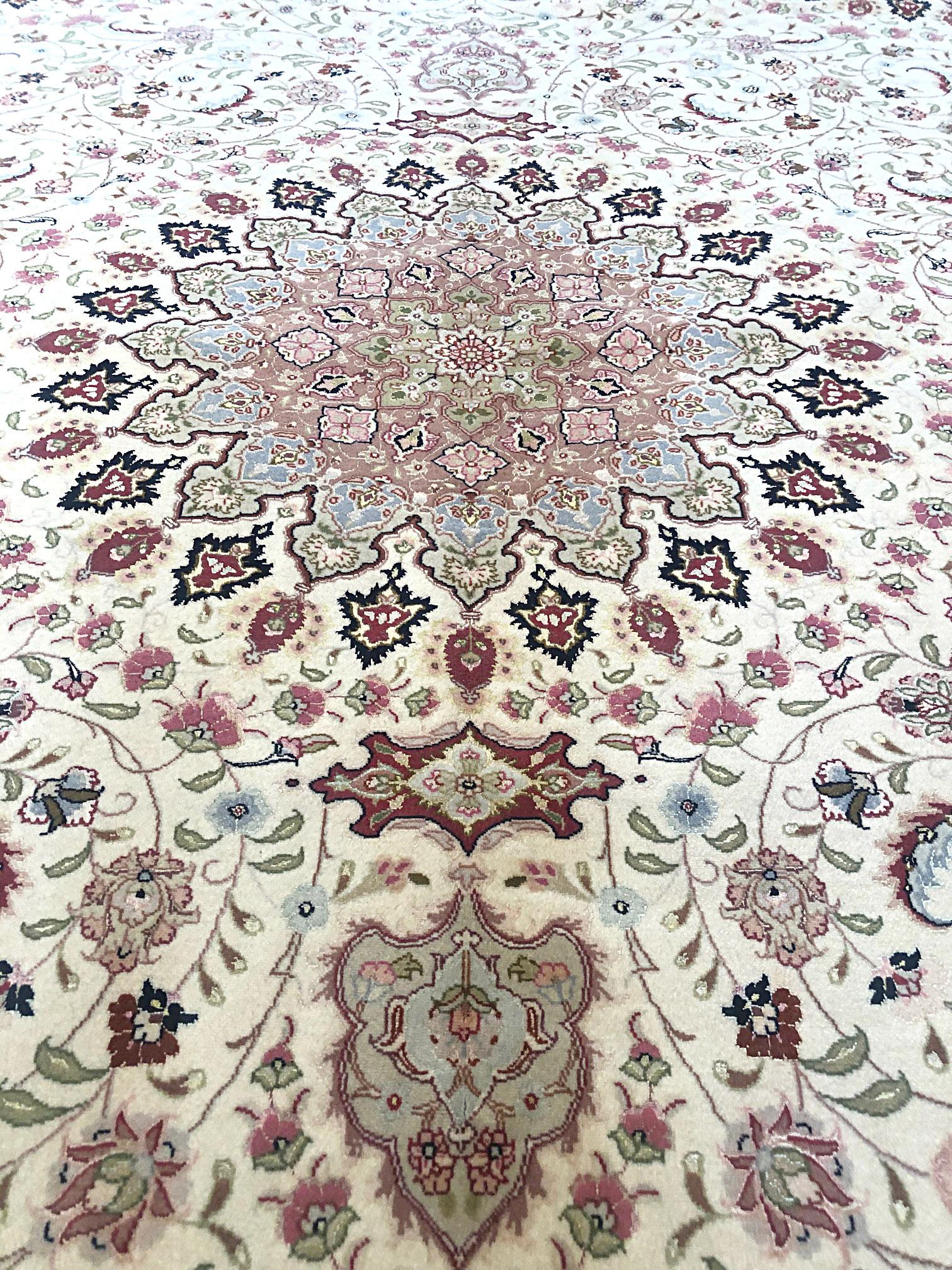 Hand-Knotted Persian Hand Knotted Medallion Floral Cream Silk Tabriz Rug New For Sale