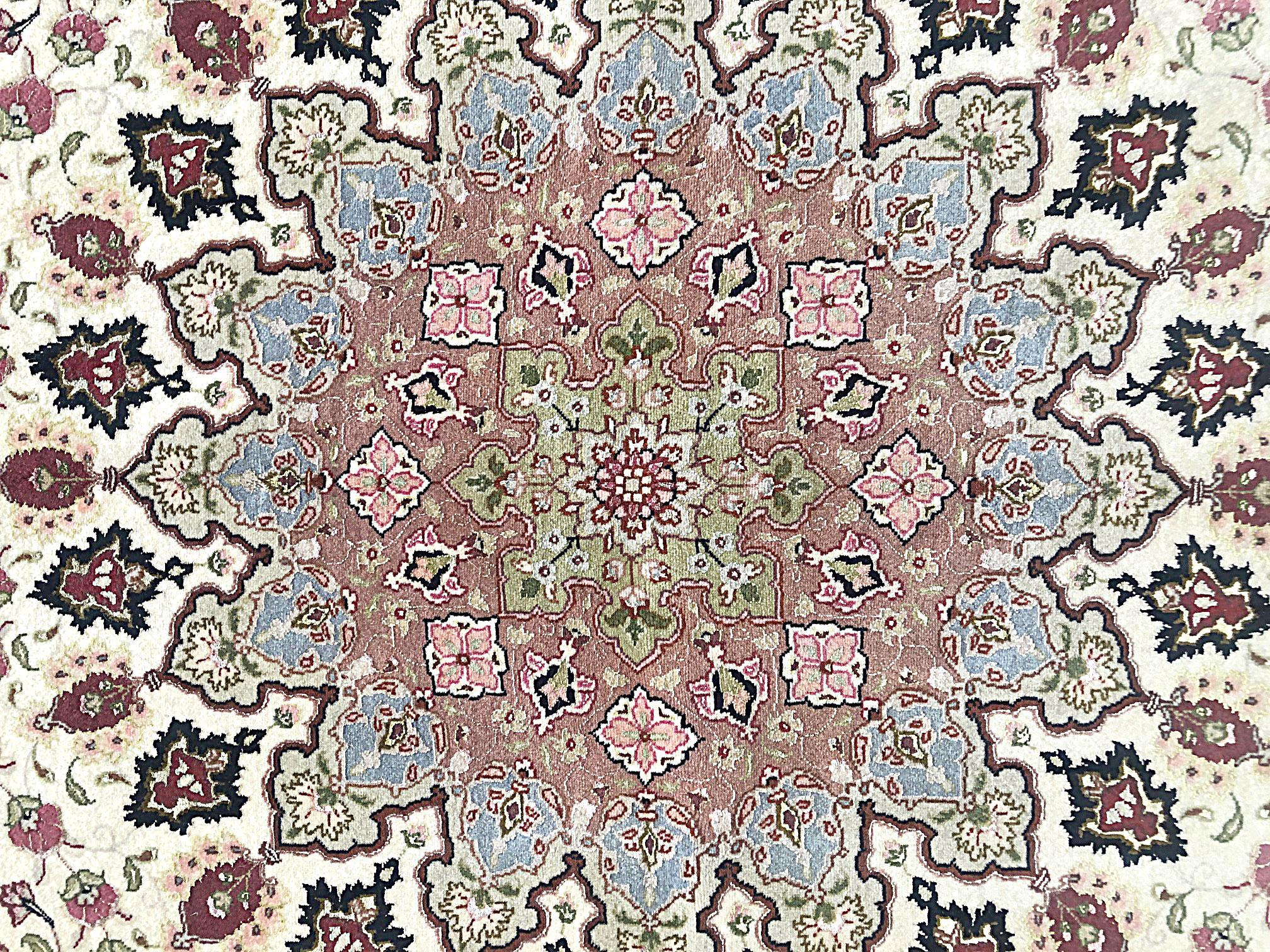 Contemporary Persian Hand Knotted Medallion Floral Cream Silk Tabriz Rug New For Sale