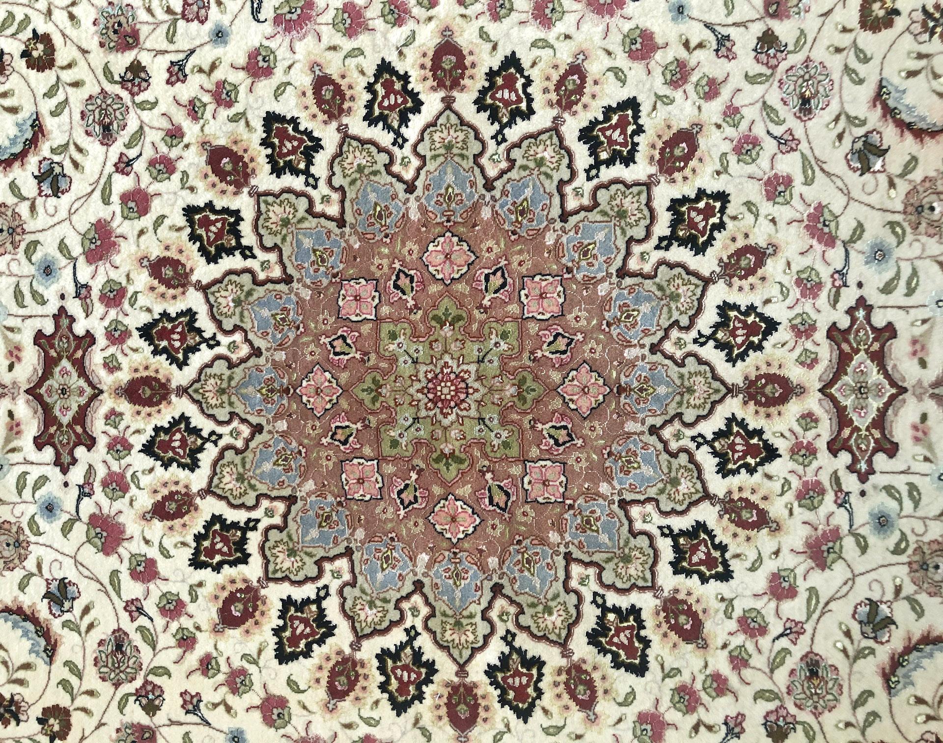Wool Persian Hand Knotted Medallion Floral Cream Silk Tabriz Rug New For Sale