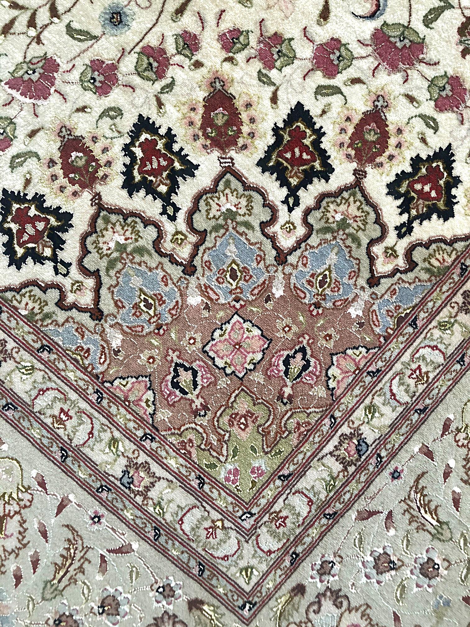 Persian Hand Knotted Medallion Floral Cream Silk Tabriz Rug New For Sale 2
