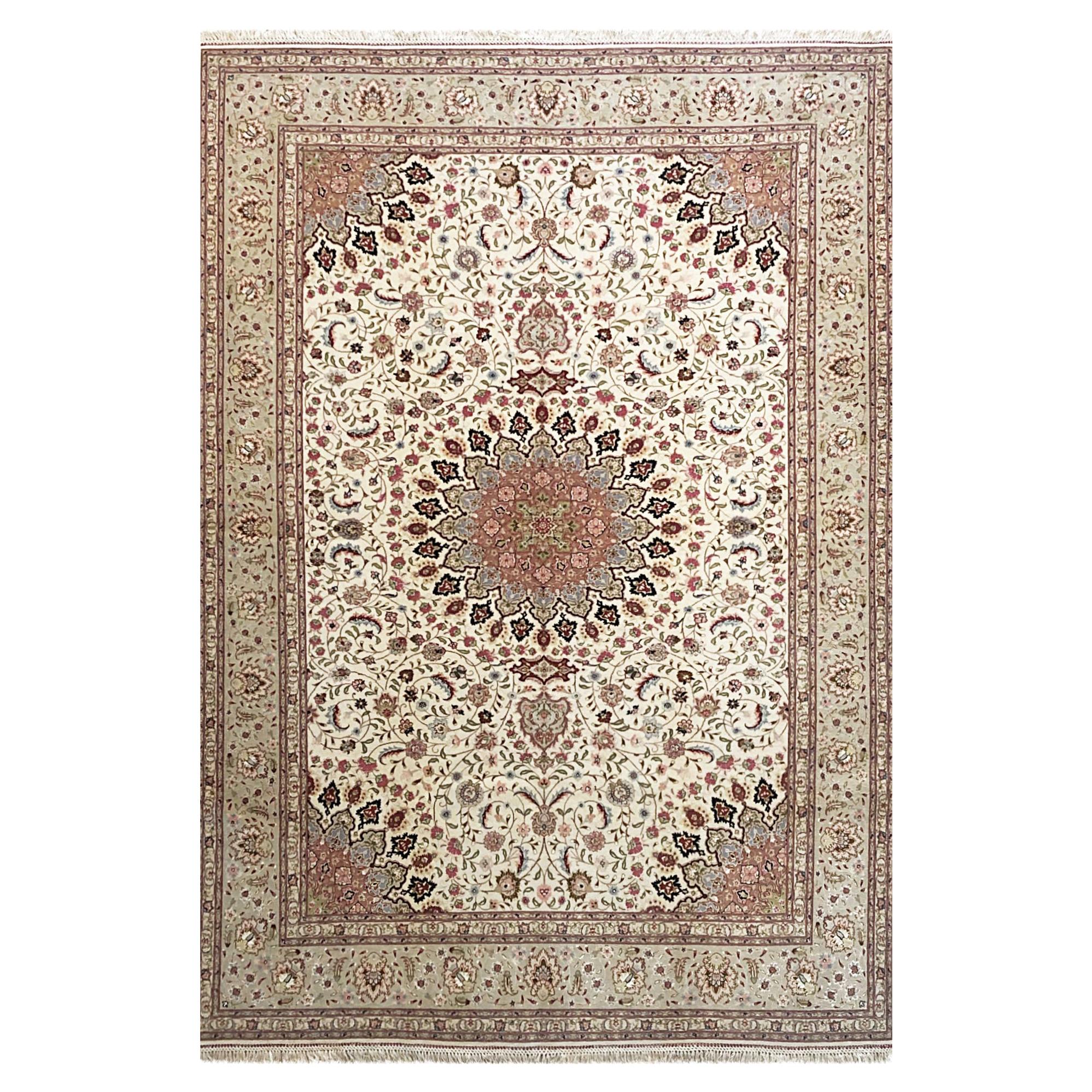 Persian Hand Knotted Medallion Floral Cream Silk Tabriz Rug New