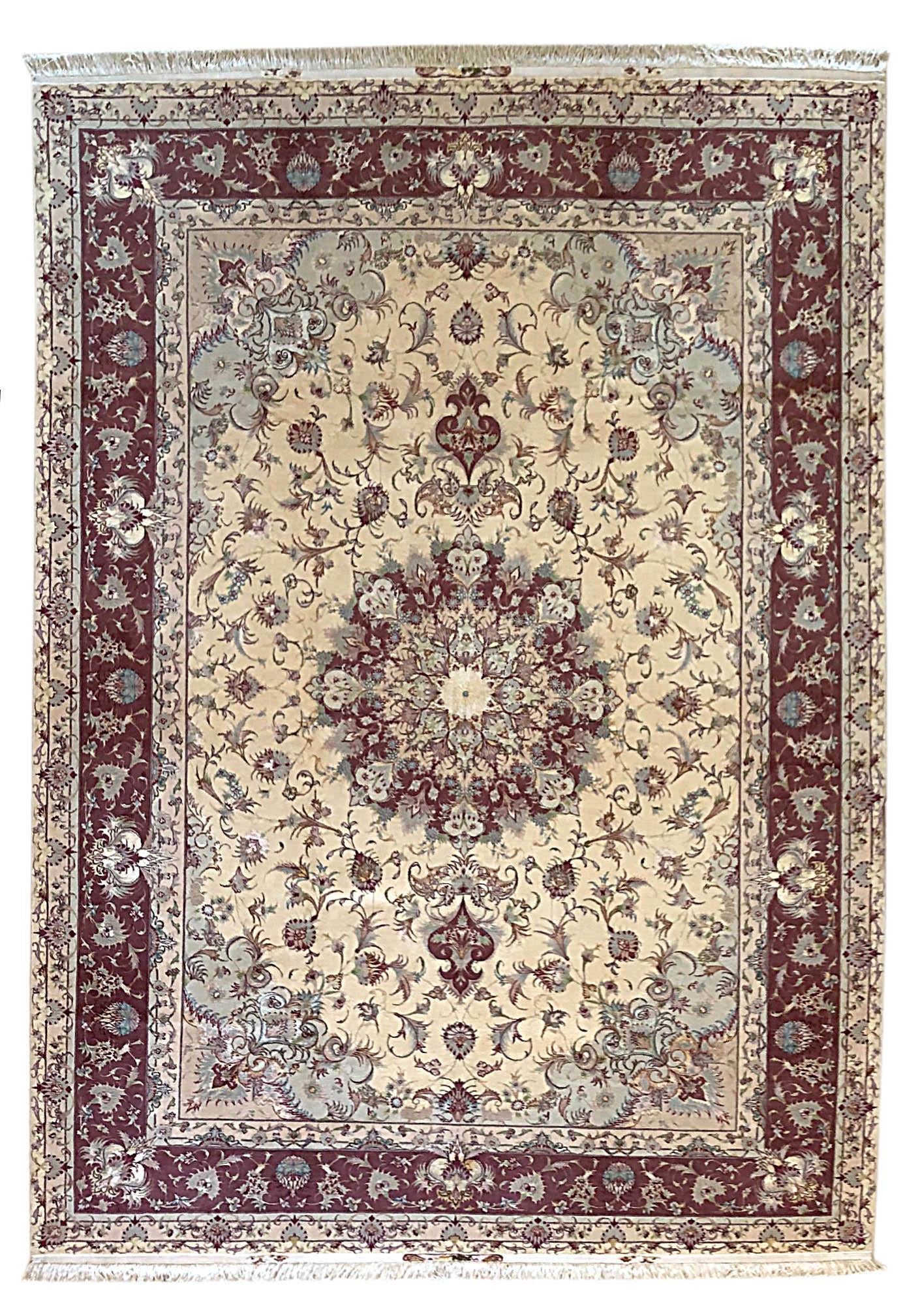 Persian Hand Knotted Medallion Floral Cream Silk Tabriz Rug For Sale 8