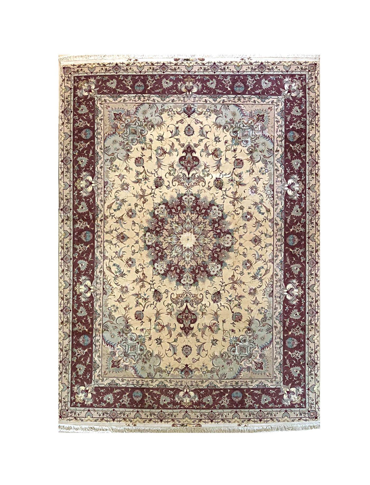 Persian Hand Knotted Medallion Floral Cream Silk Tabriz Rug For Sale 9