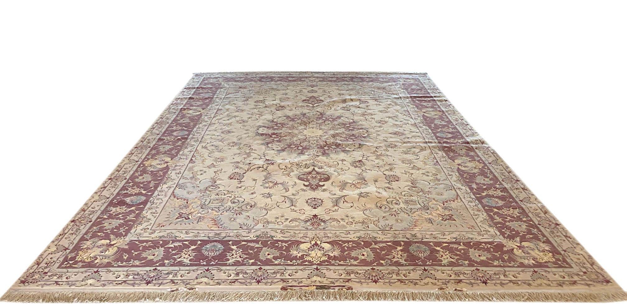 Persian Hand Knotted Medallion Floral Cream Silk Tabriz Rug For Sale 10