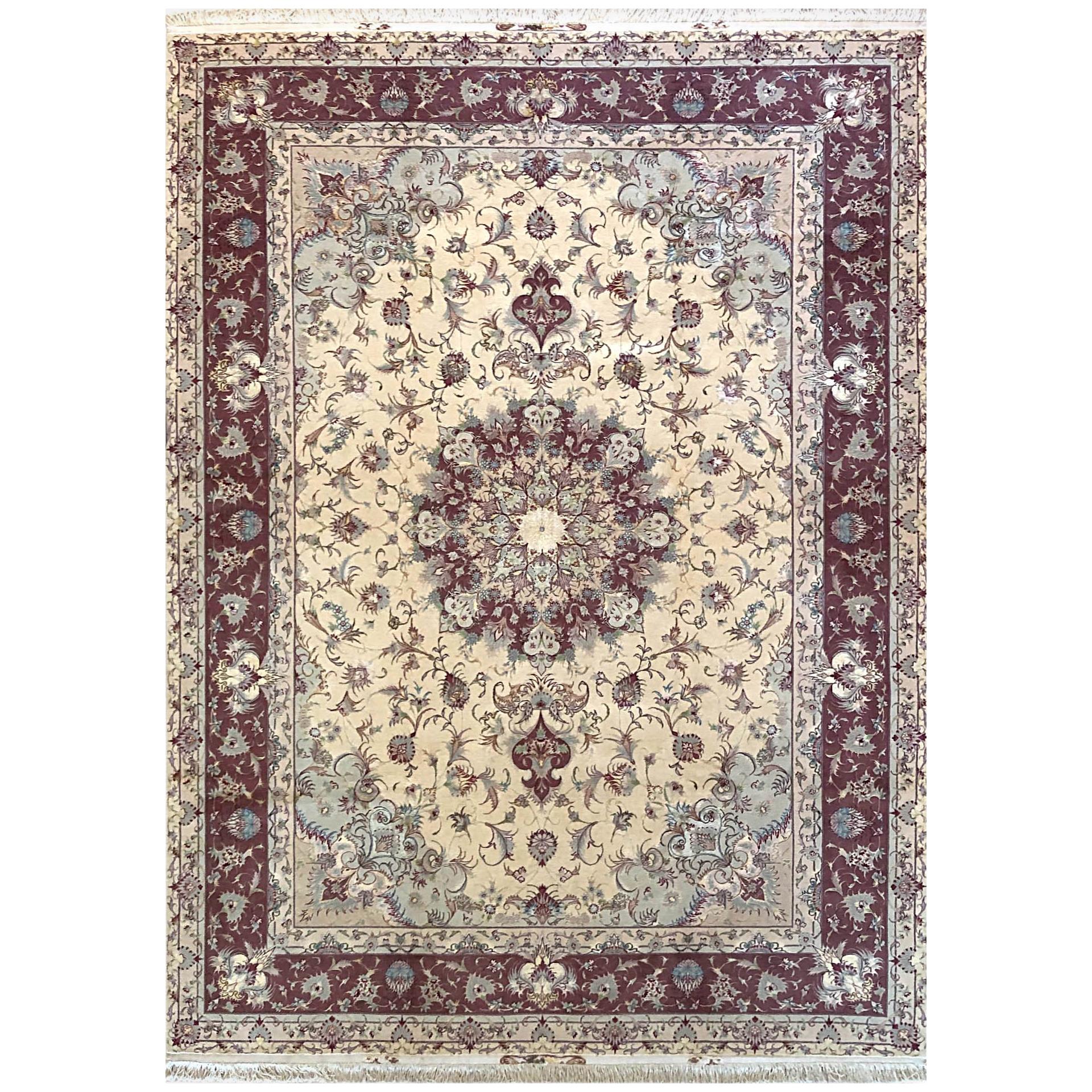 Persian Hand Knotted Medallion Floral Cream Silk Tabriz Rug For Sale