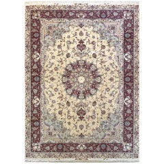 Persian Hand Knotted Medallion Floral Cream Silk Tabriz Rug