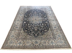 Persian Hand Knotted Medallion Floral Dark Blue Nain Rug, circa 1960s