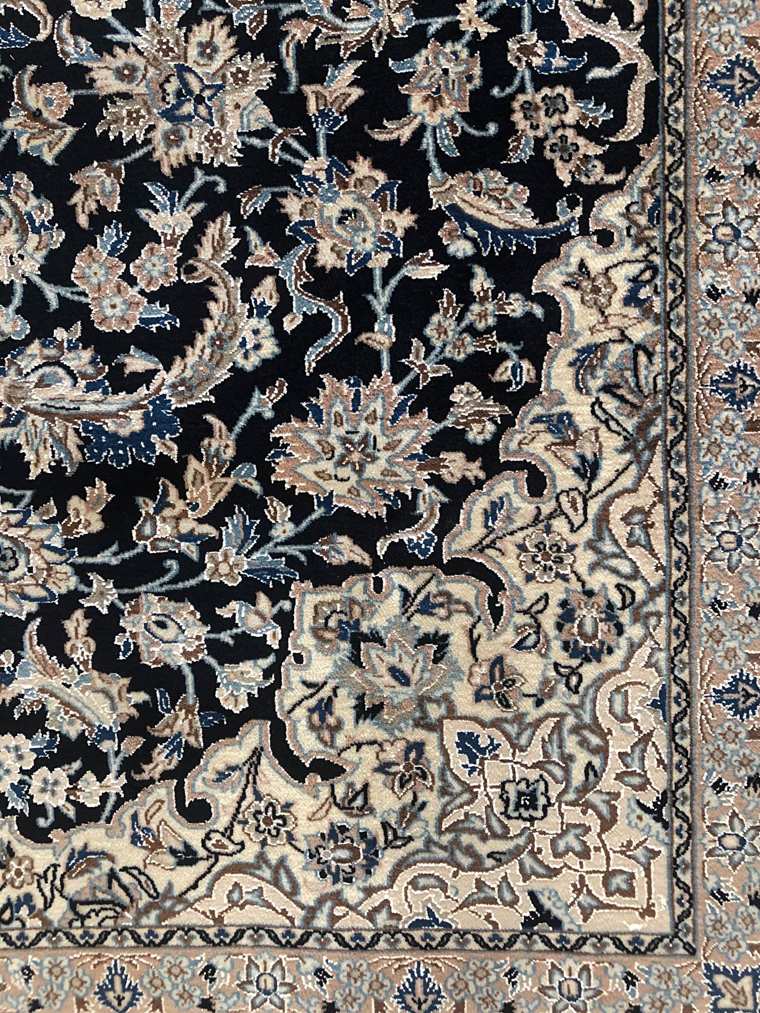 Asian Persian Hand Knotted Medallion Floral Dark Blue Nain Rug, circa 1960s For Sale