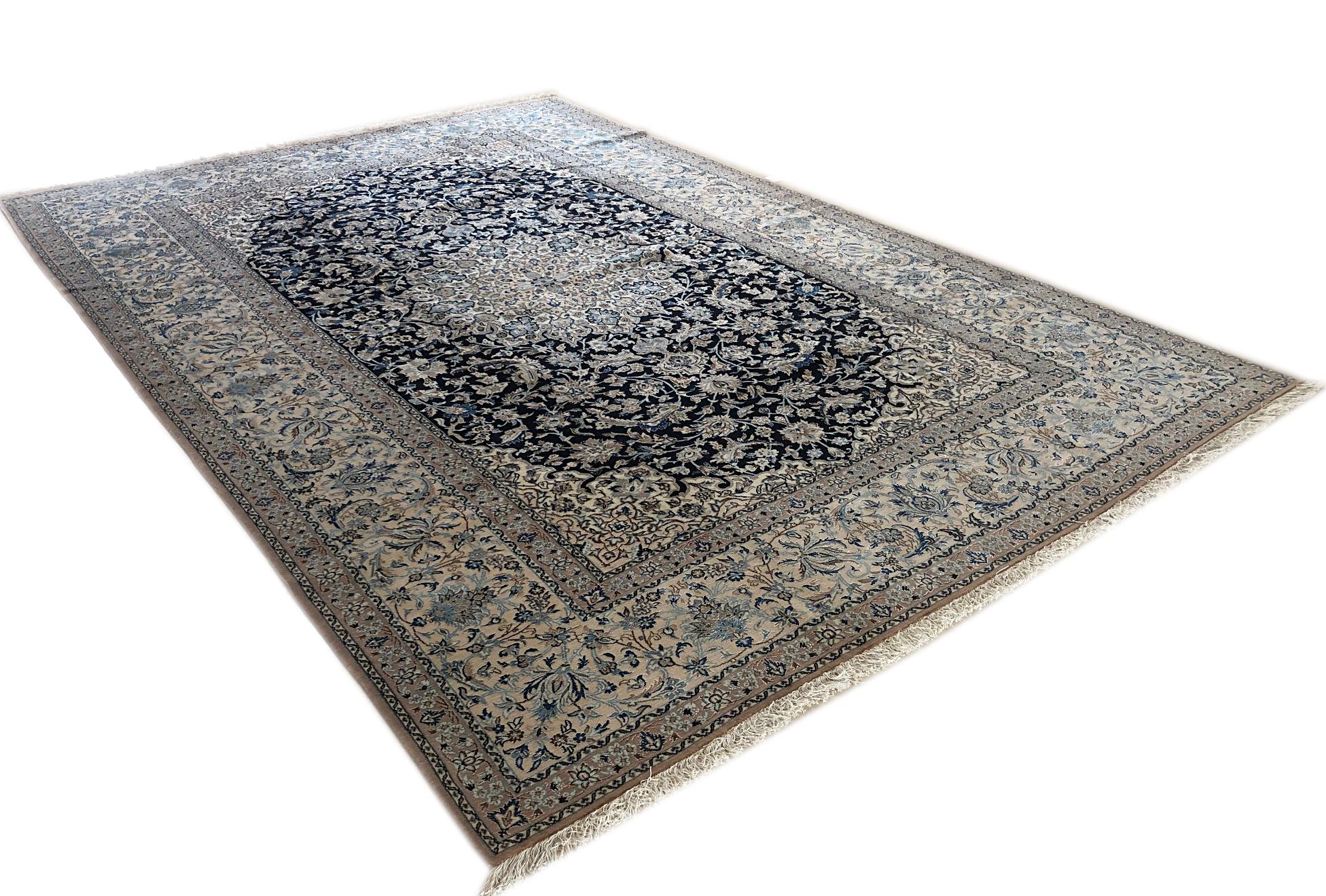 Hand-Knotted Persian Hand Knotted Medallion Floral Dark Blue Nain Rug, circa 1960s For Sale