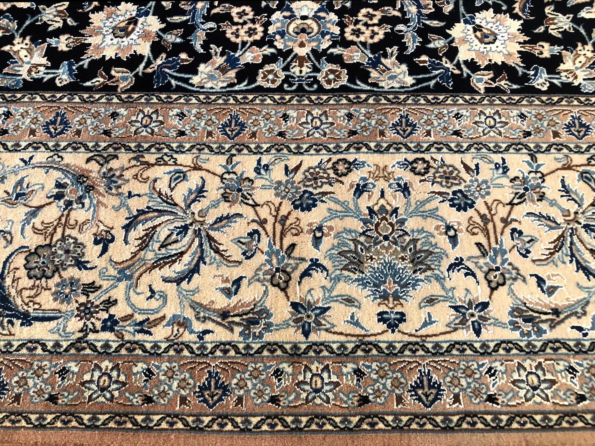 Mid-20th Century Persian Hand Knotted Medallion Floral Dark Blue Nain Rug, circa 1960s For Sale