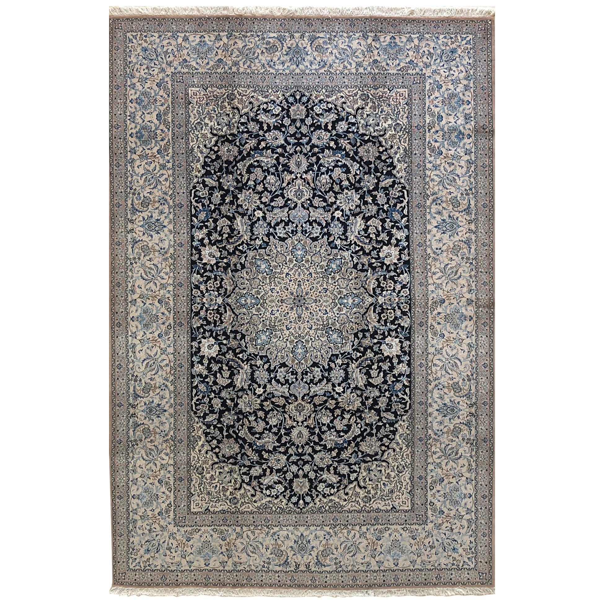 Persian Hand Knotted Medallion Floral Dark Blue Nain Rug, circa 1960s For Sale