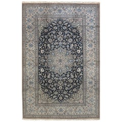 Vintage Persian Hand Knotted Medallion Floral Dark Blue Nain Rug, circa 1960s