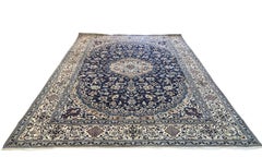 Persian Hand Knotted Medallion Floral Dark Blue Nain Rug
