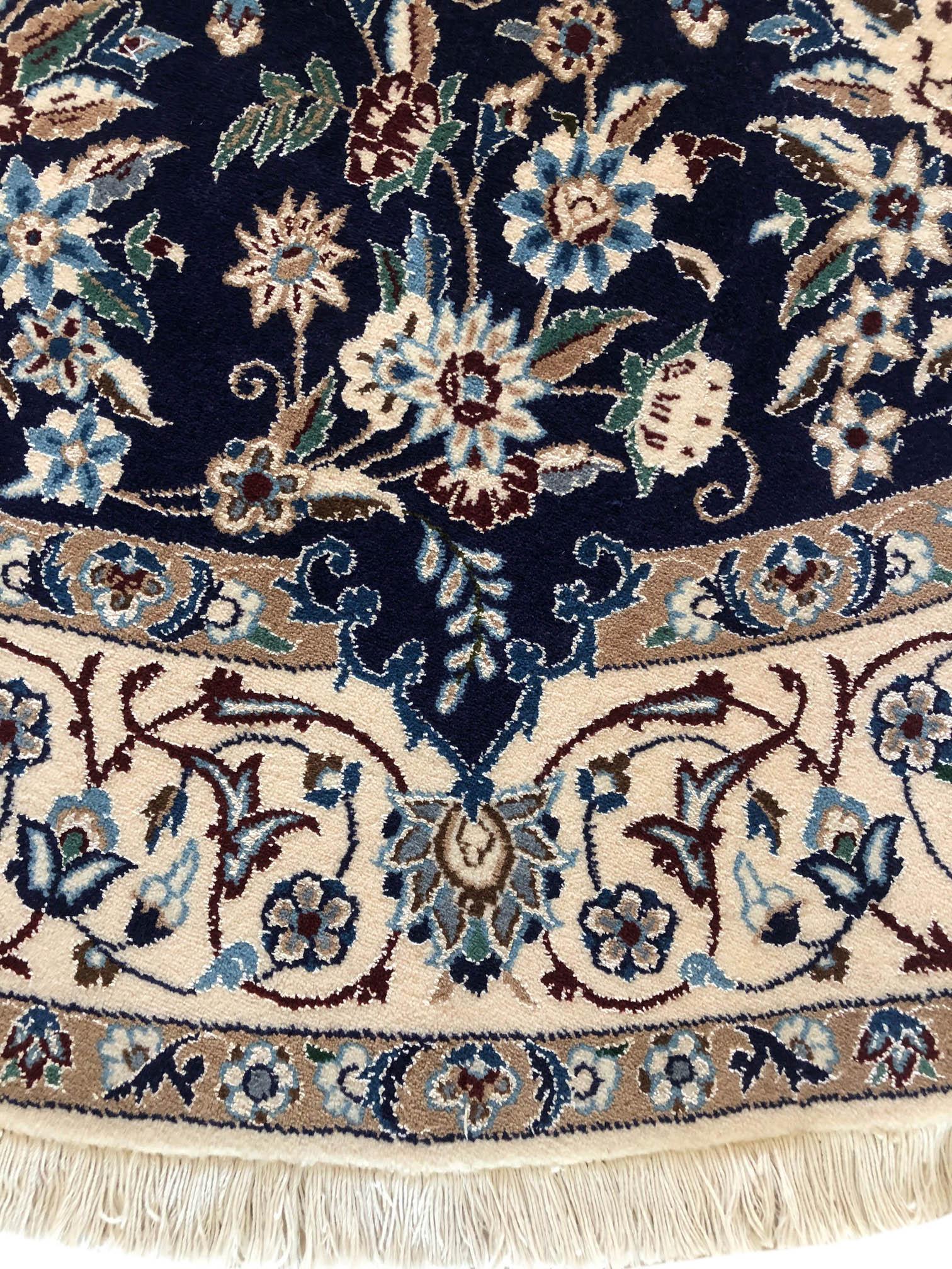 Persian Hand Knotted Medallion Floral Dark Blue Nain Rug In New Condition In San Diego, CA