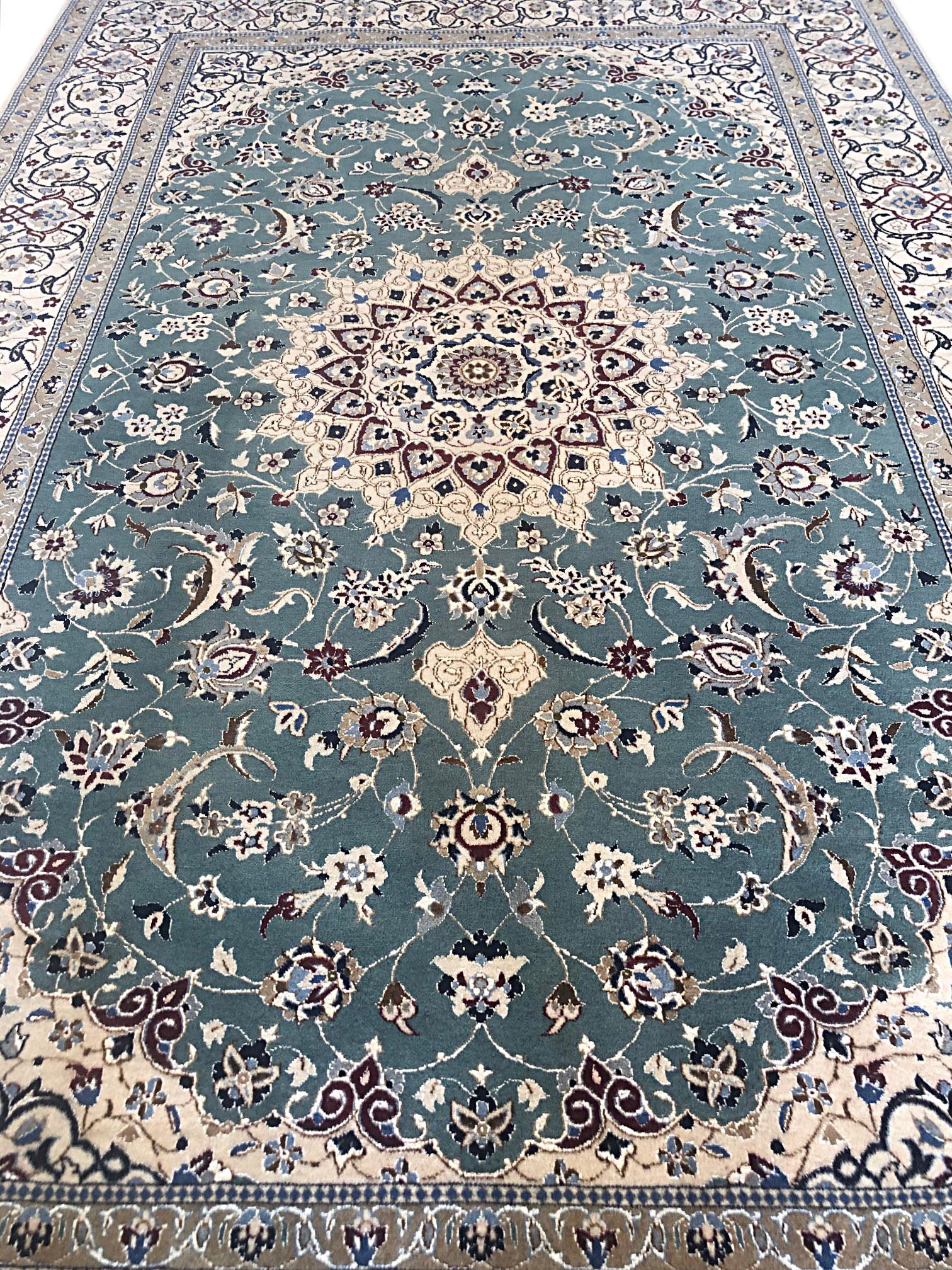 Hand-Knotted Persian Hand Knotted Medallion Floral Habibian Green Nain Rug