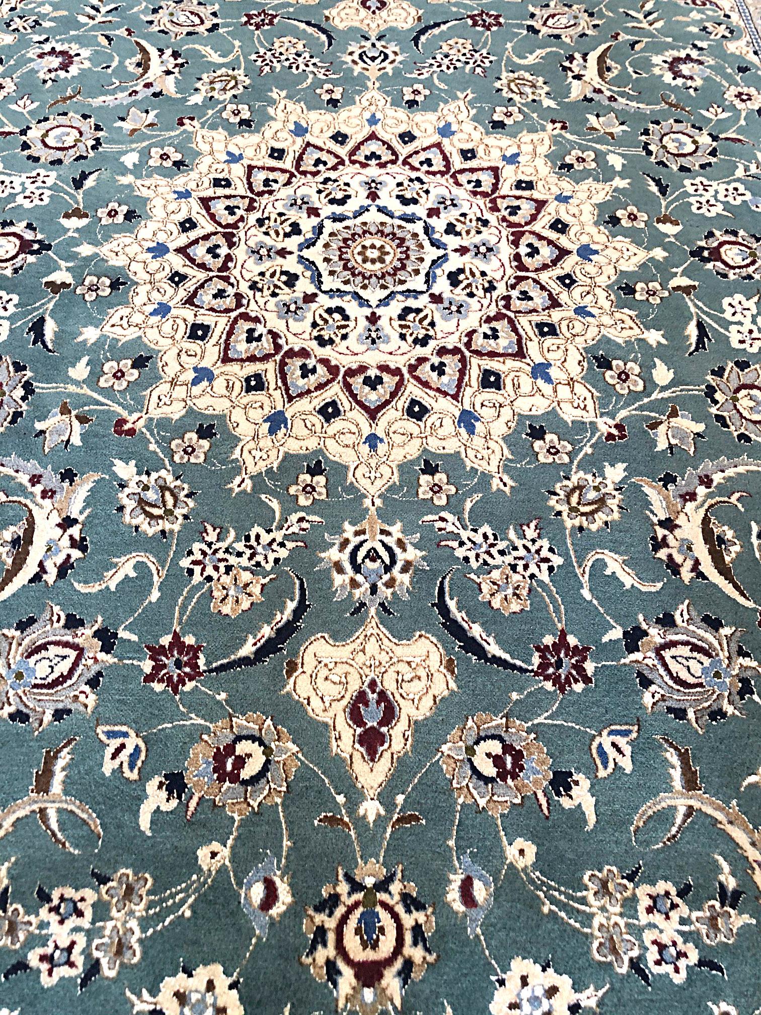 Persian Hand Knotted Medallion Floral Habibian Green Nain Rug In Good Condition In San Diego, CA