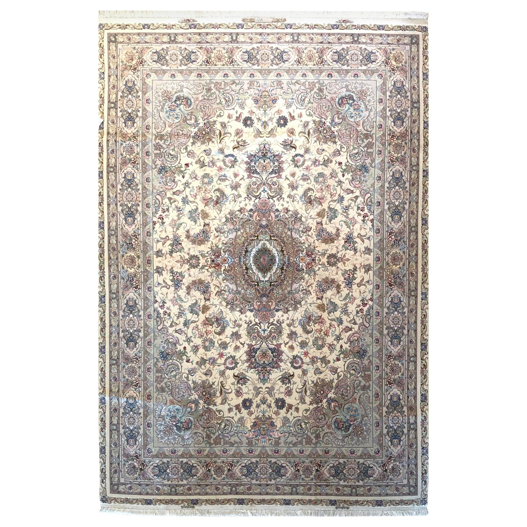 Tapis Tabriz médaillon floral persan noué à la main