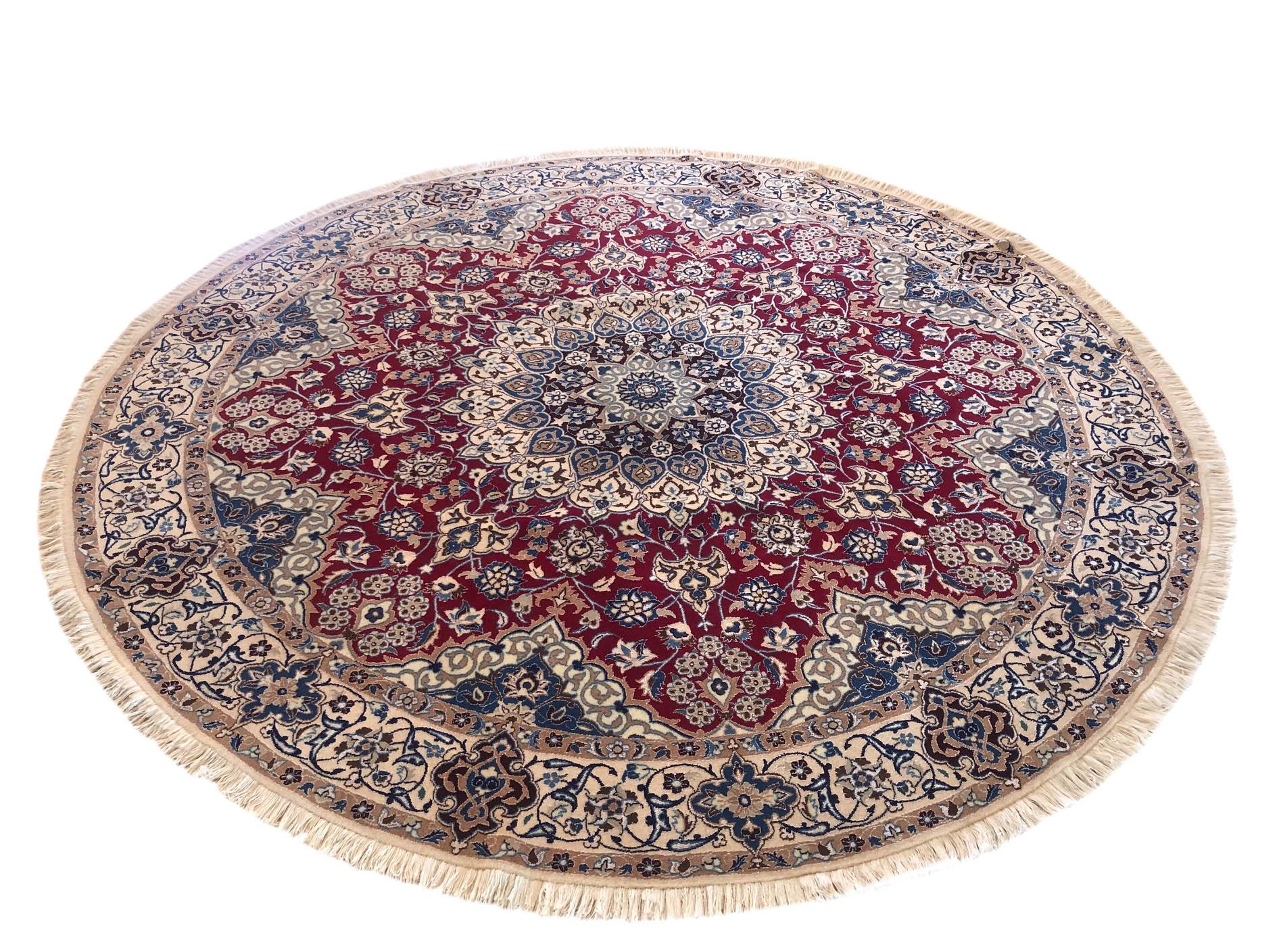 Persian Hand Knotted Medallion Floral Red Cream Nain Round Rug 3