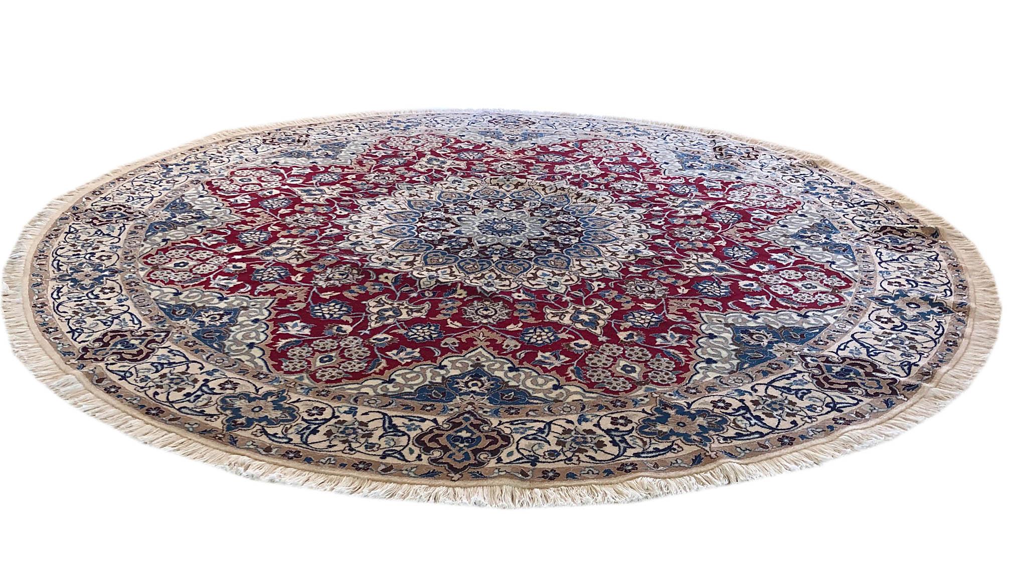 Contemporary Persian Hand Knotted Medallion Floral Red Cream Nain Round Rug