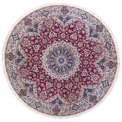 Persian Hand Knotted Medallion Floral Red Cream Nain Round Rug
