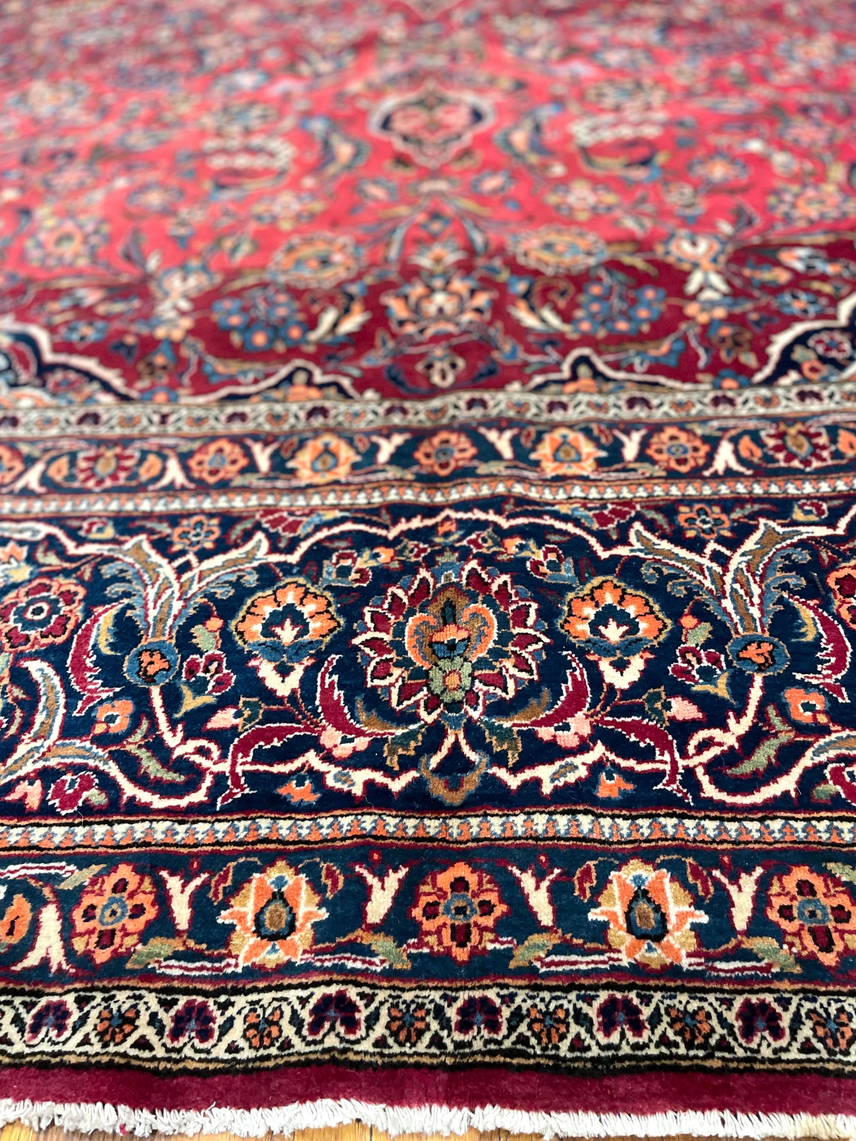 Wool Persian Hand Knotted Medallion Floral Red Kashan Rug Circa 1940 For Sale