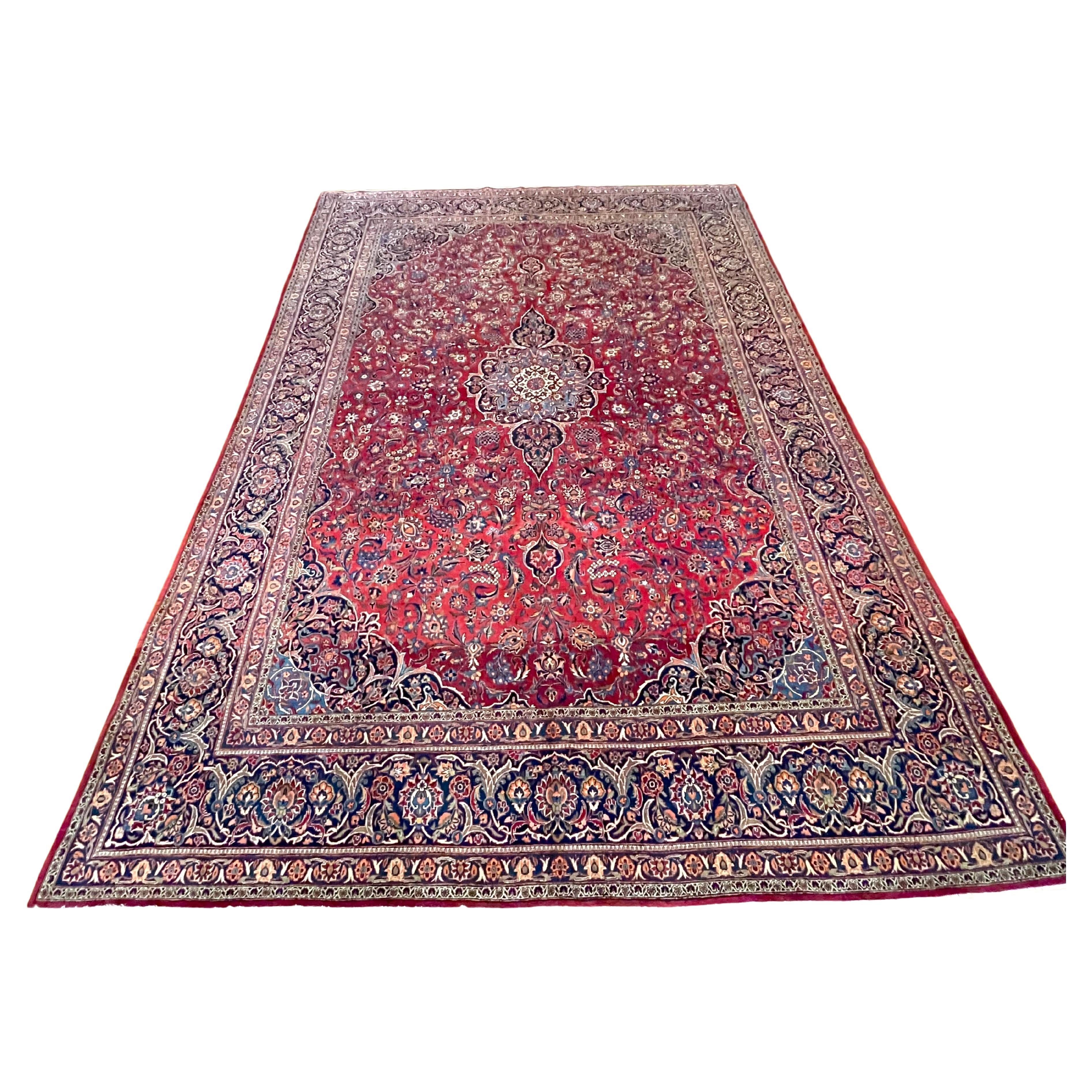 Persian Hand Knotted Medallion Floral Red Kashan Rug Circa 1940 For Sale