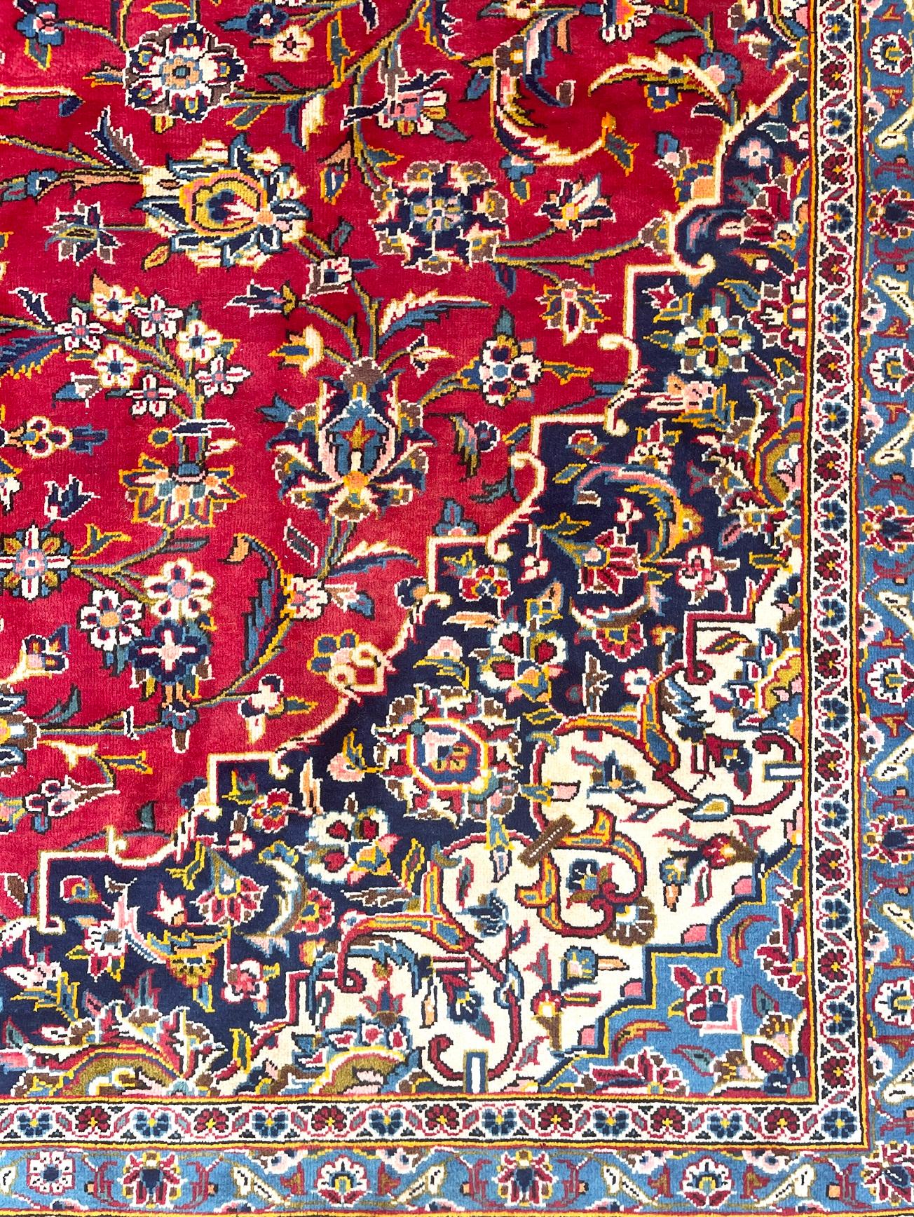 Wool Persian Hand Knotted Medallion Floral Red Kashan Rug Circa 1970 For Sale