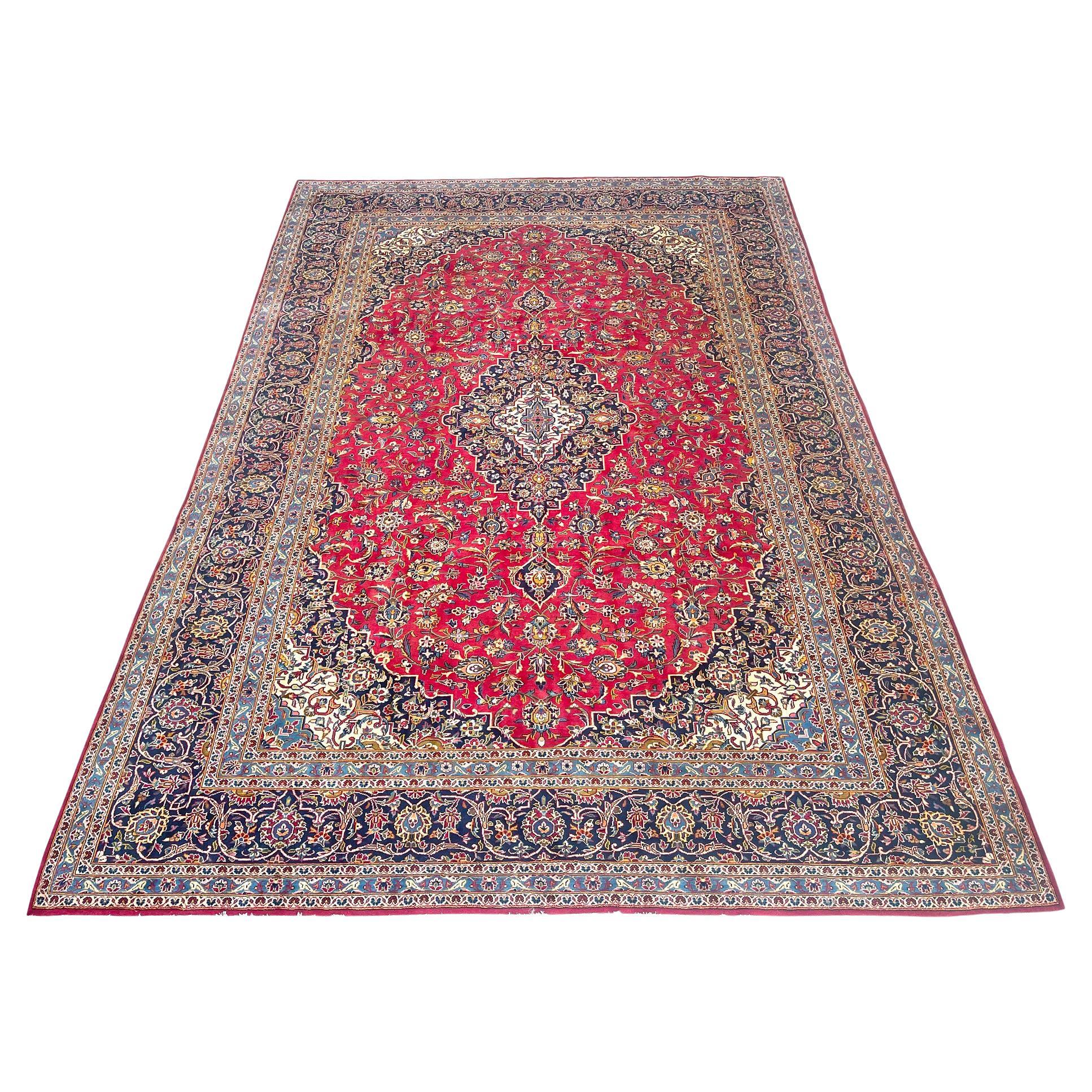 Persian Hand Knotted Medallion Floral Red Kashan Rug Circa 1970