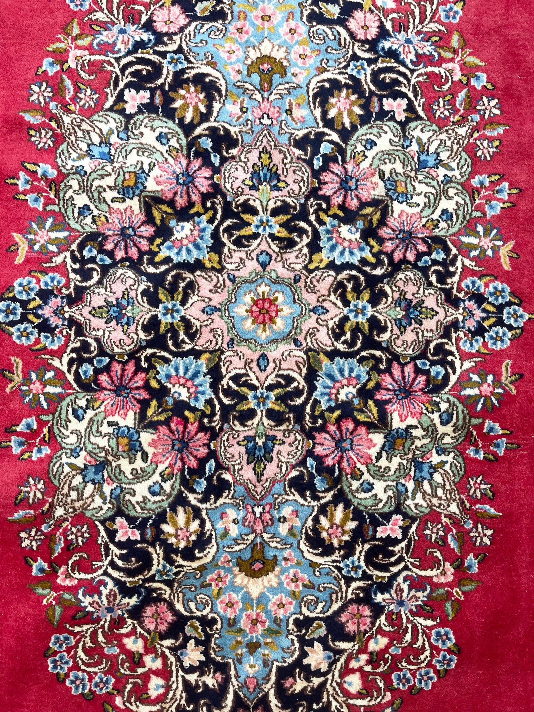 Hand-Knotted Persian Hand Knotted Medallion Floral Red Kirman Rug, Circa 1970 For Sale