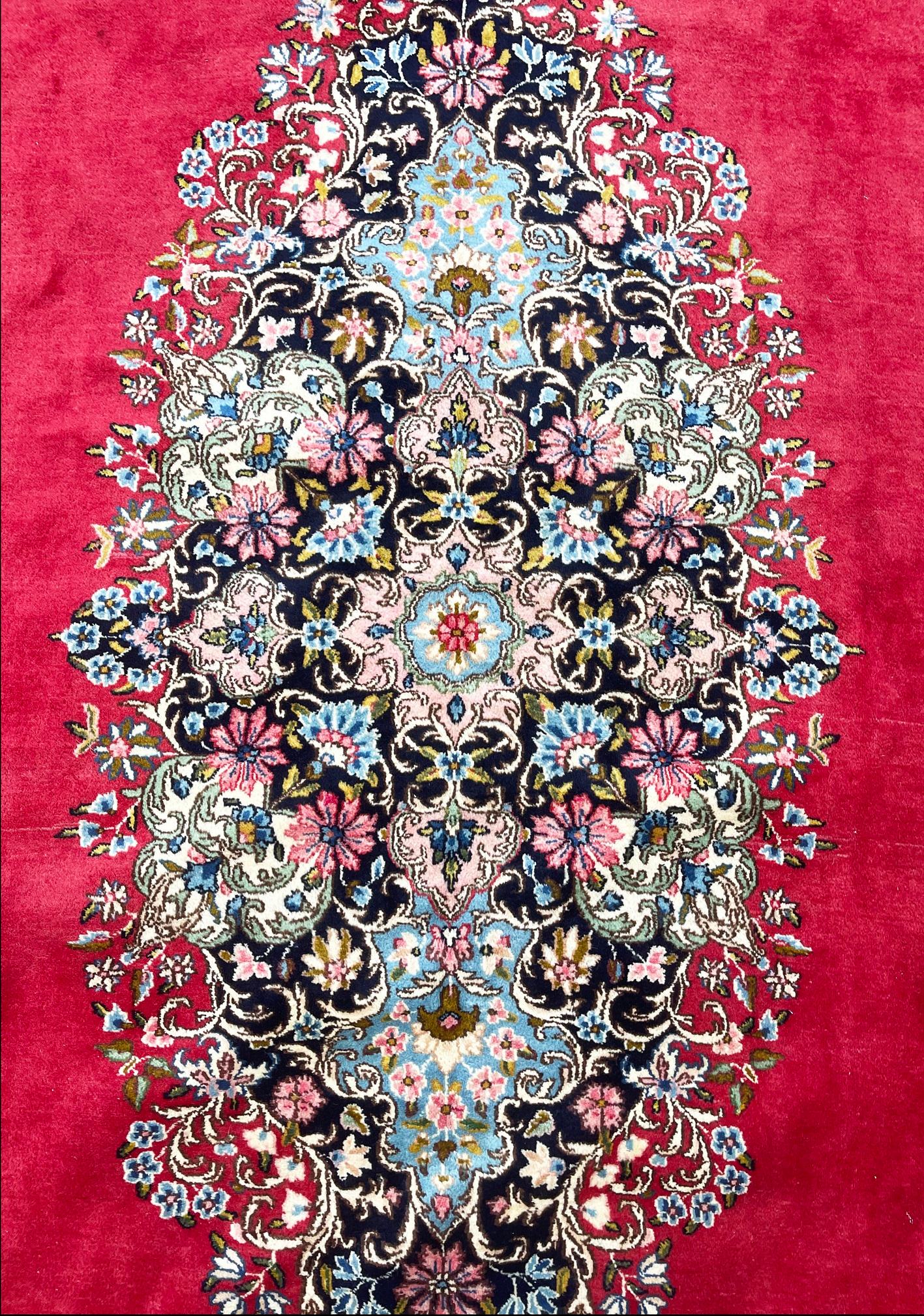 Persian Hand Knotted Medallion Floral Red Kirman Rug, Circa 1970 In Good Condition For Sale In San Diego, CA