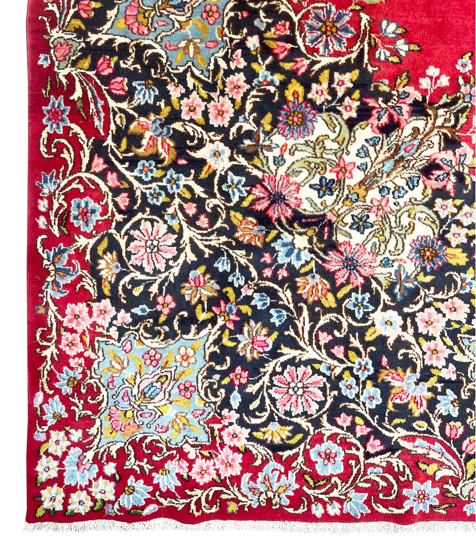 Wool Persian Hand Knotted Medallion Floral Red Kirman Rug, Circa 1970 For Sale