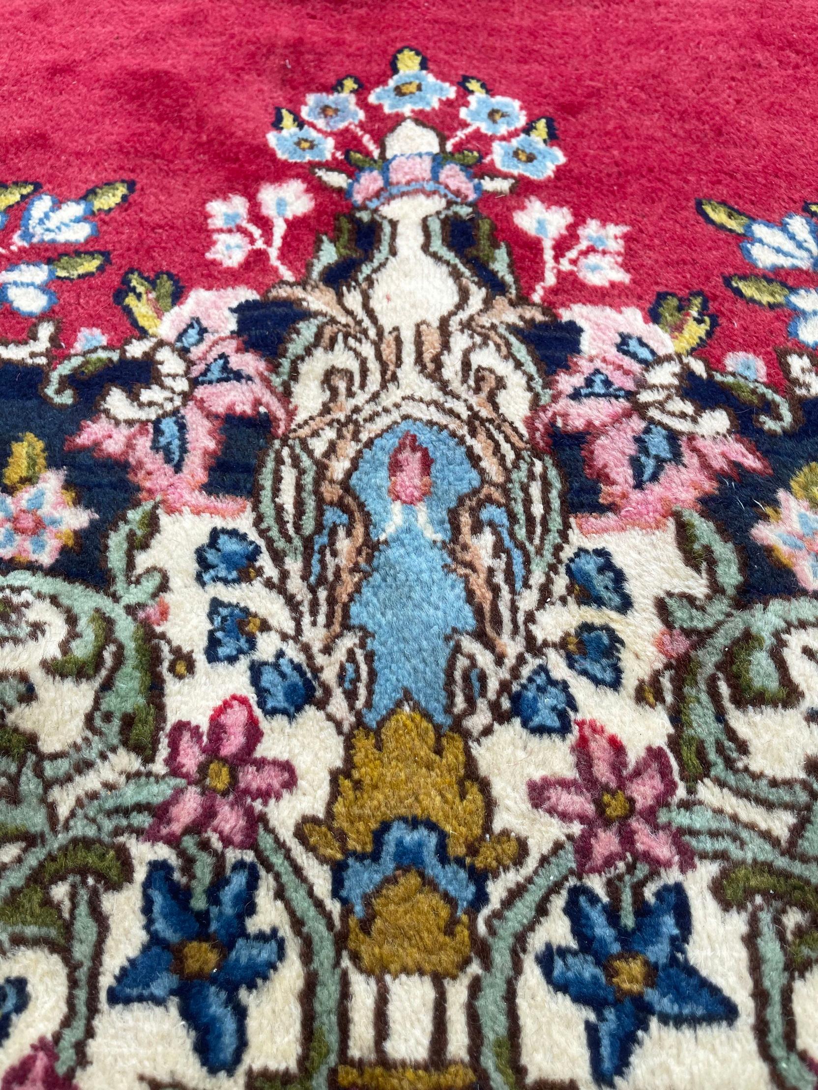 Persian Hand Knotted Medallion Floral Red Kirman Rug, Circa 1970 For Sale 1