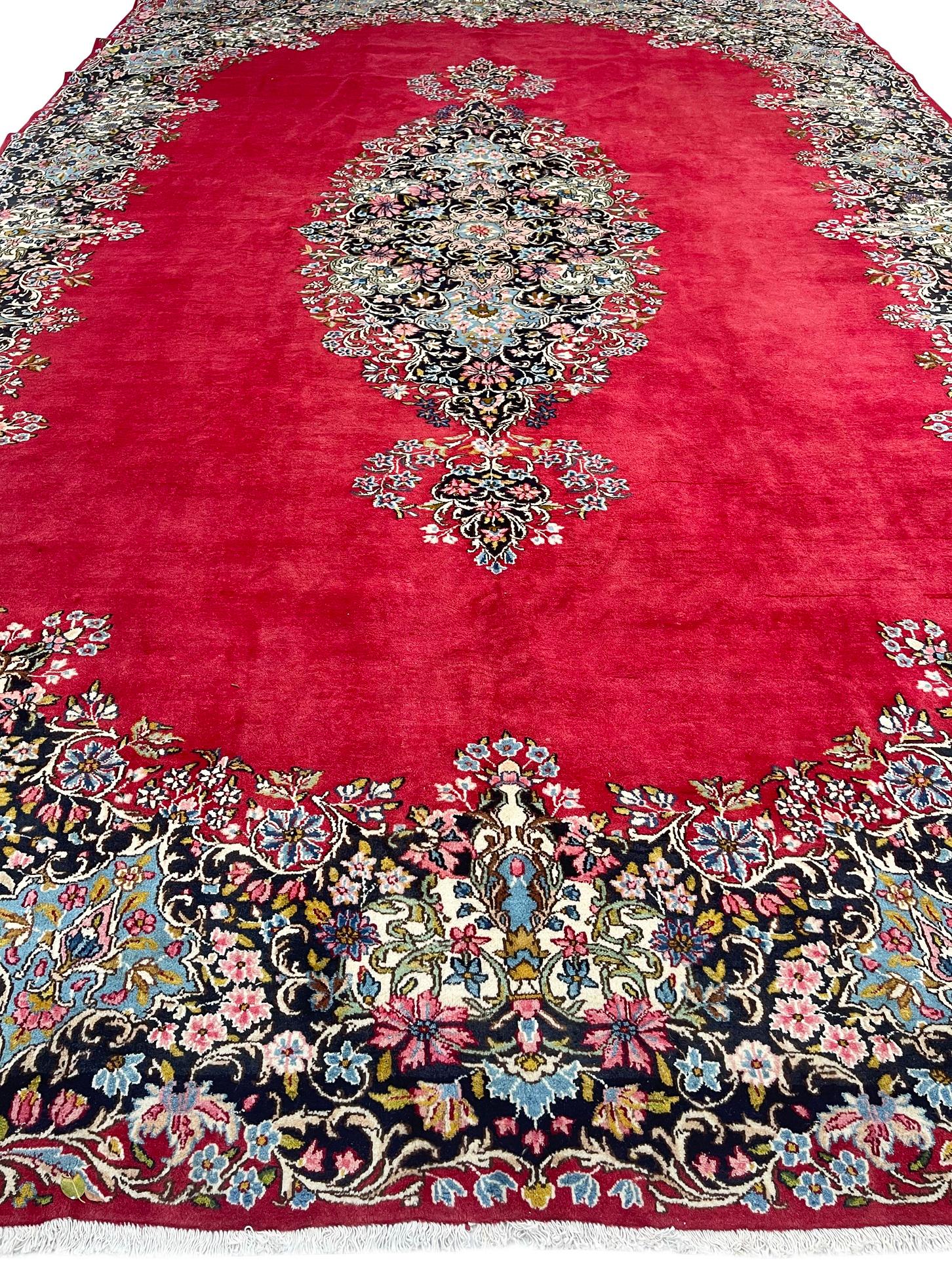 Persian Hand Knotted Medallion Floral Red Kirman Rug, Circa 1970 For Sale 3