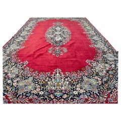 Persian Hand Knotted Medallion Floral Red Kirman Rug, Circa 1970