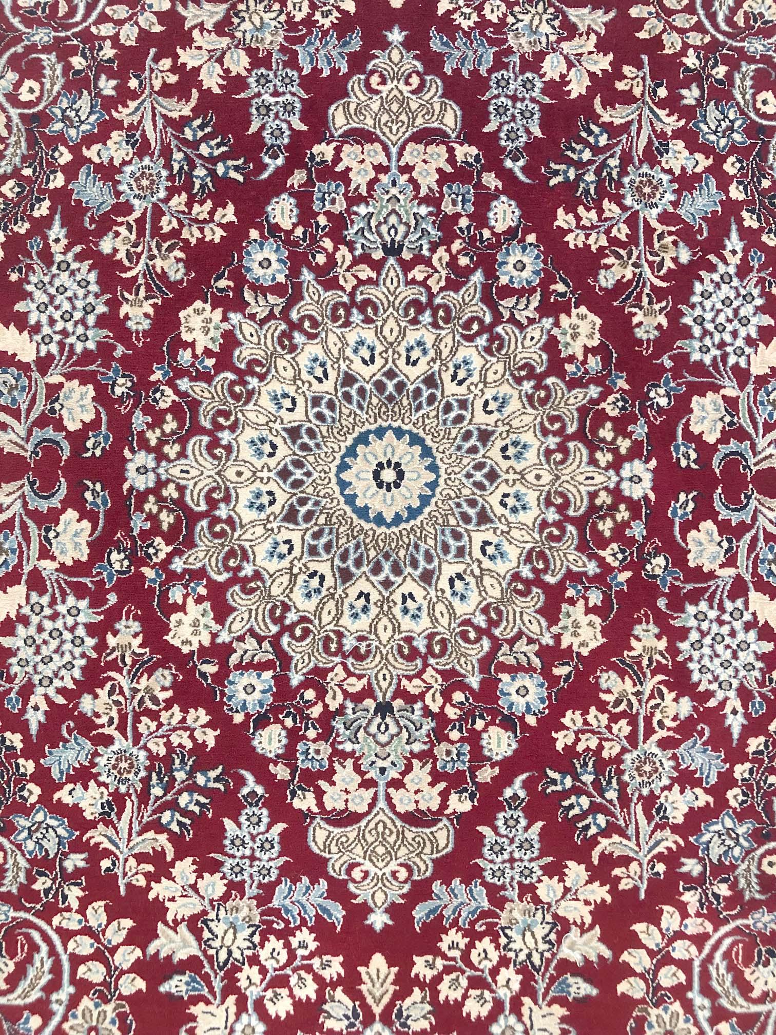 Wool Persian Hand Knotted Medallion Floral Red Nain Rug, circa 1980s