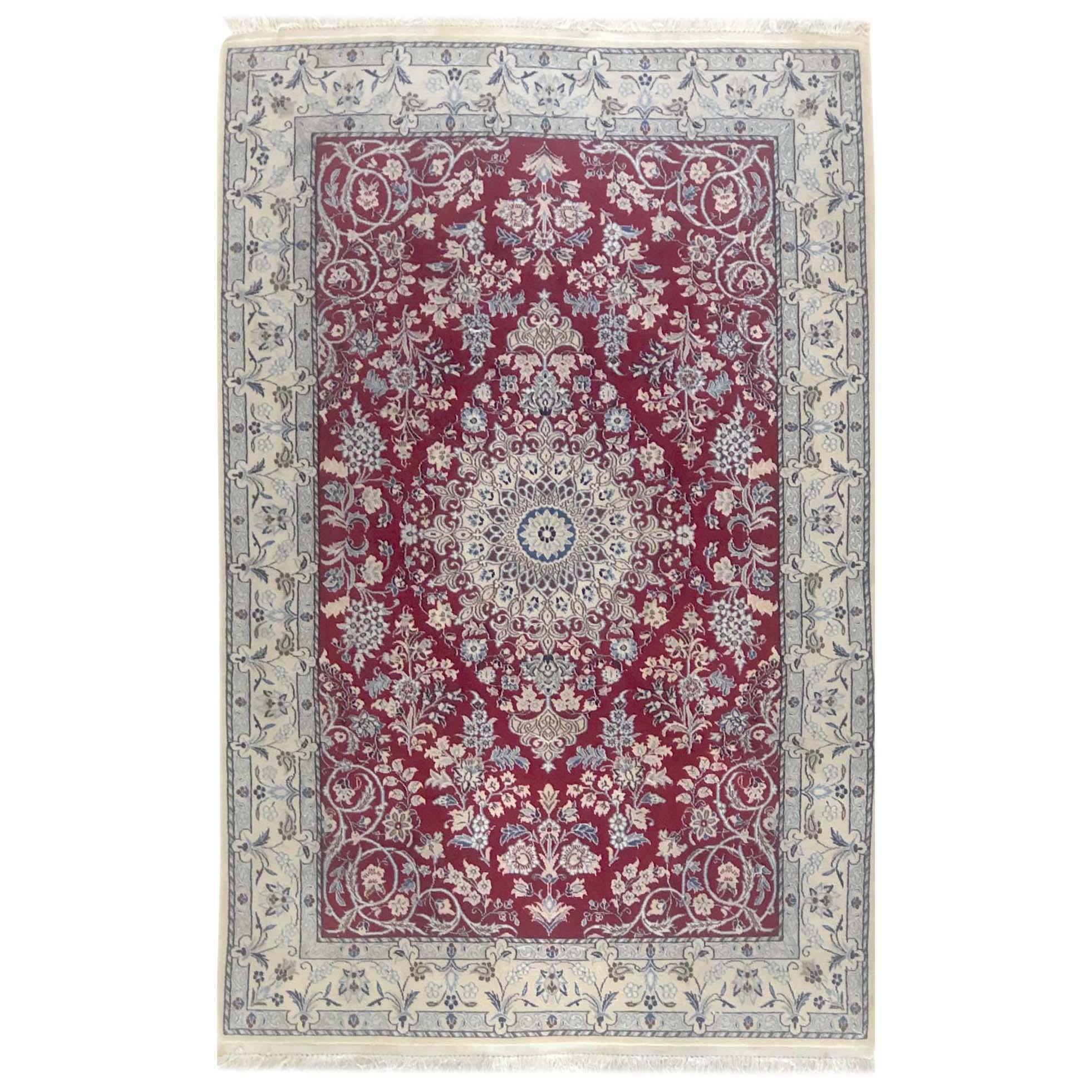 Persian Hand Knotted Medallion Floral Red Nain Rug, circa 1980s