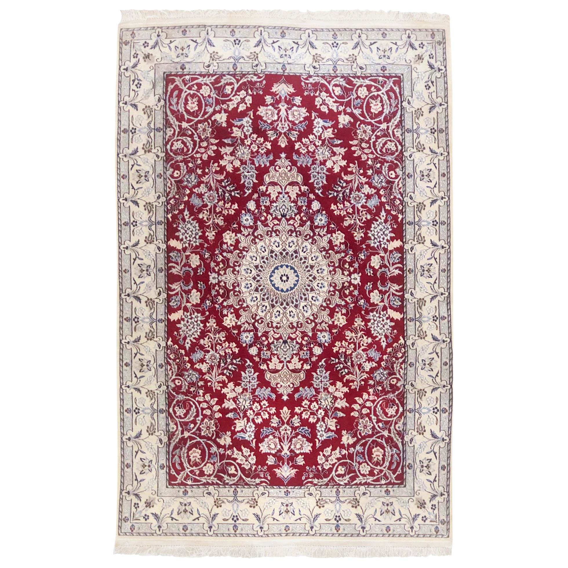Persian Hand Knotted Medallion Floral Red Nain Rug, circa 1980s For Sale