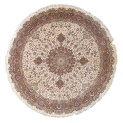 Persian Hand Knotted Medallion Floral Tabriz Cream Round Wool and Silk Rug