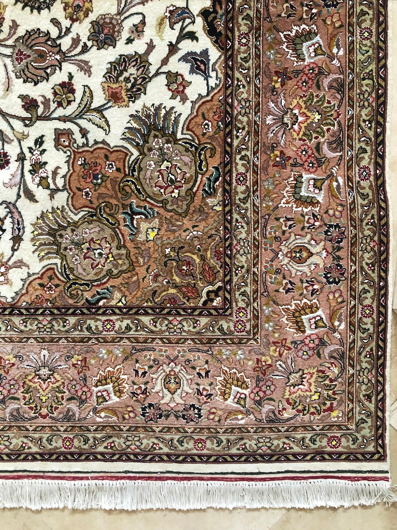 Wool Persian Hand Knotted Medallion Floral Tabriz Rug For Sale