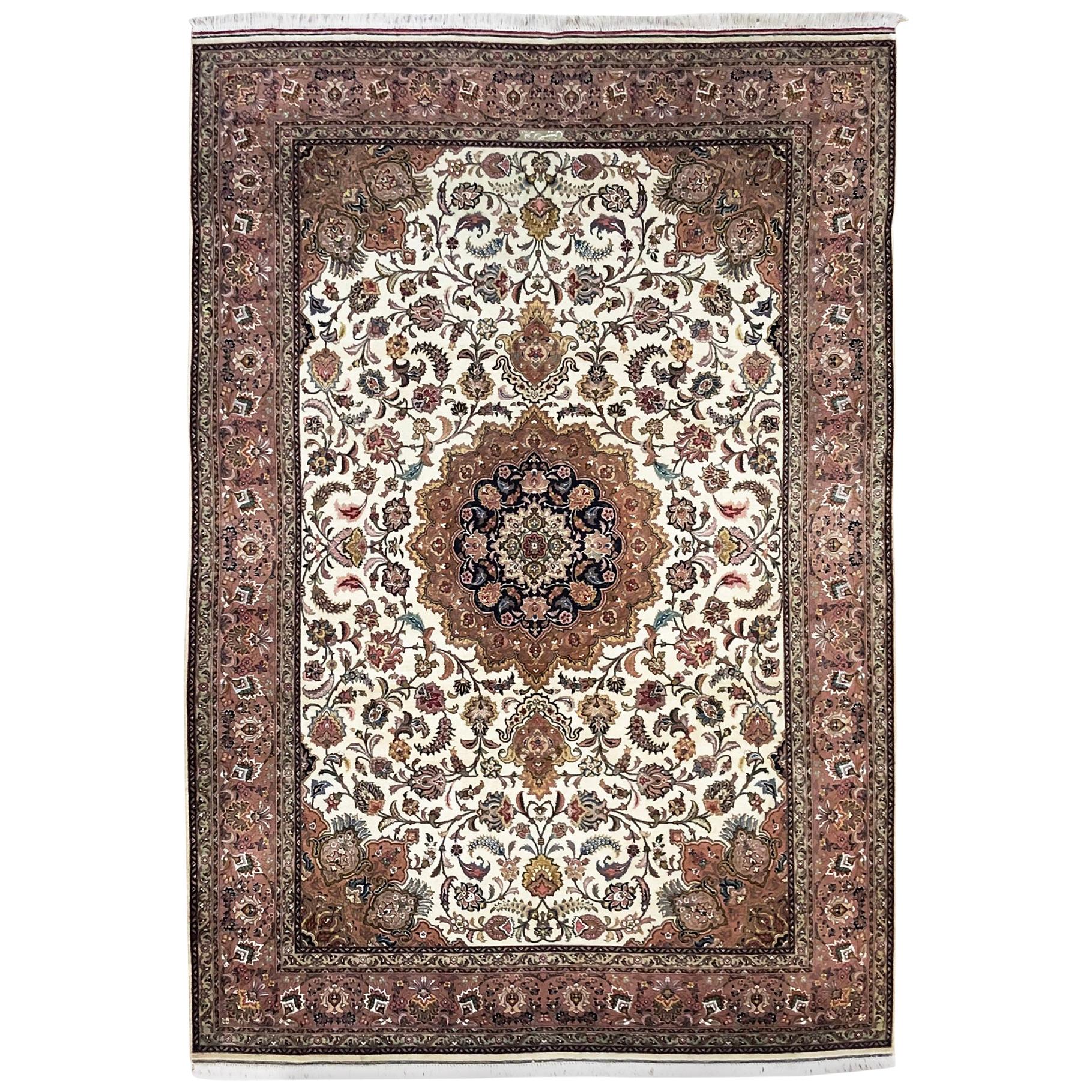 Persian Hand Knotted Medallion Floral Tabriz Rug For Sale