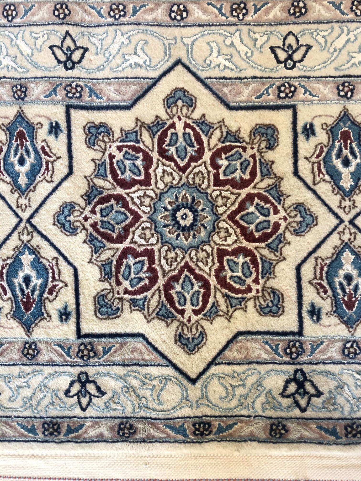 Persian Hand Knotted Oval Medallion Floral Cream Blue Nain Rug 6 La For Sale 2