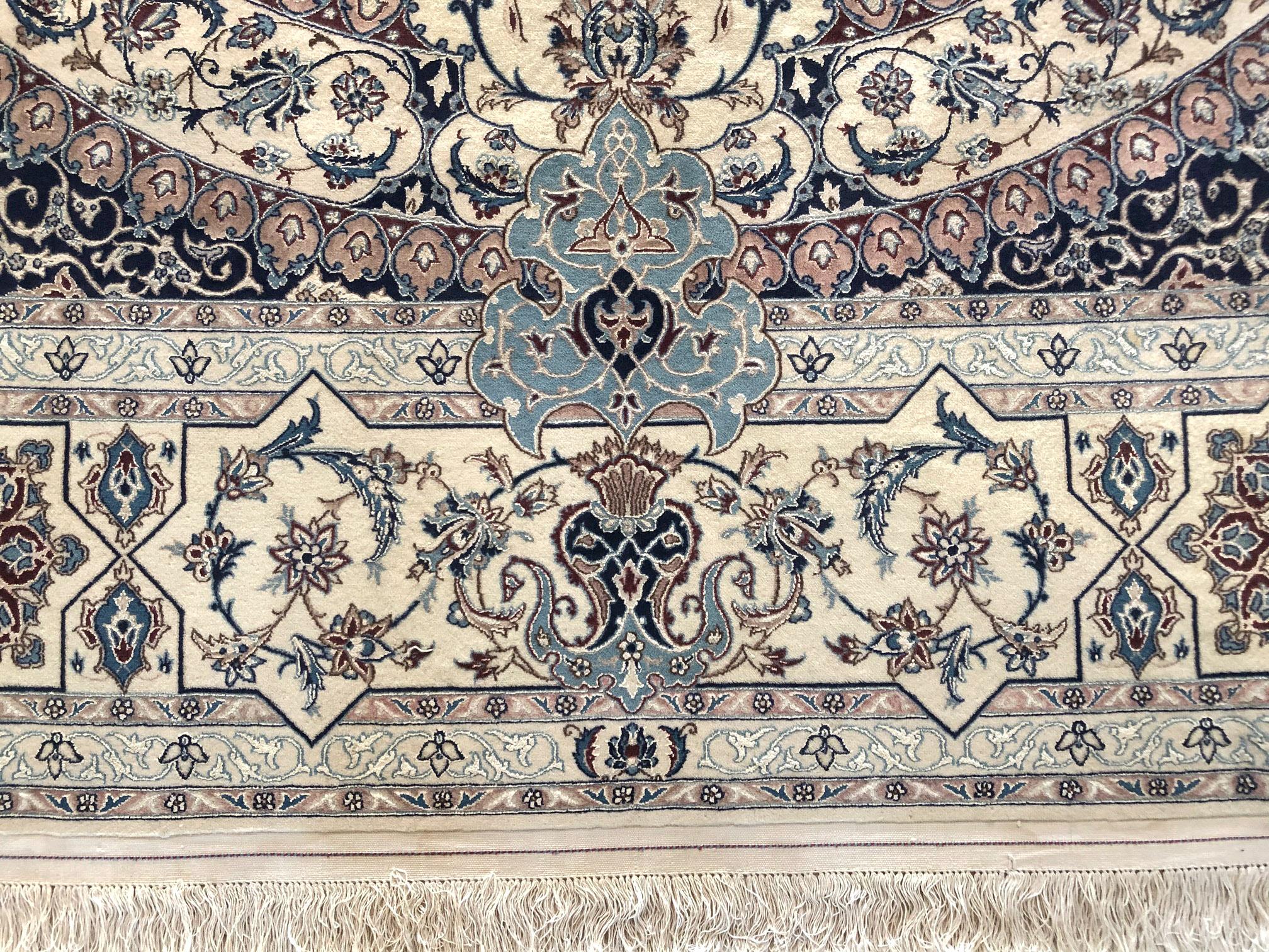 Persian Hand Knotted Oval Medallion Floral Cream Blue Nain Rug 6 La For Sale 4