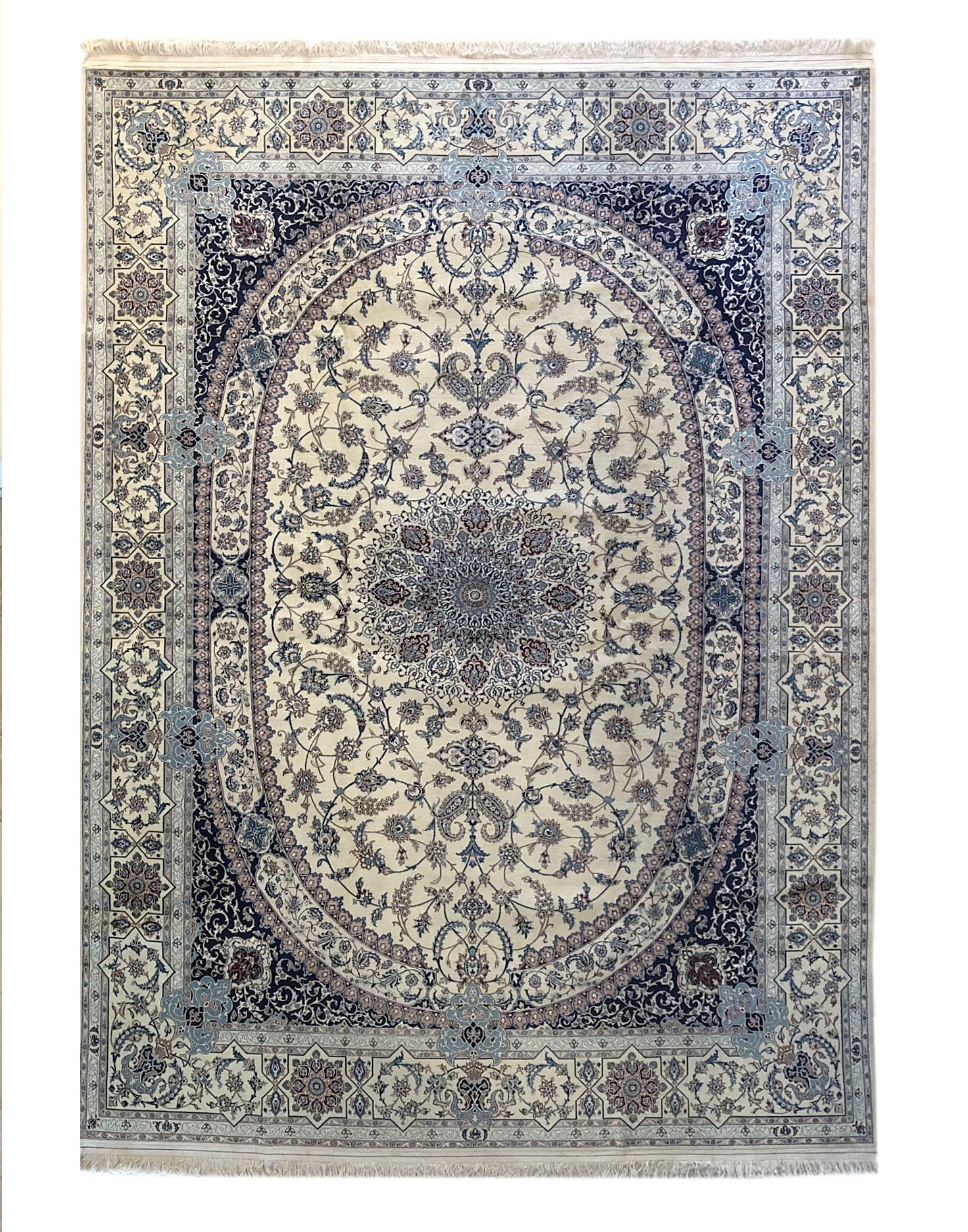 Persian Hand Knotted Oval Medallion Floral Cream Blue Nain Rug 6 La For Sale 7
