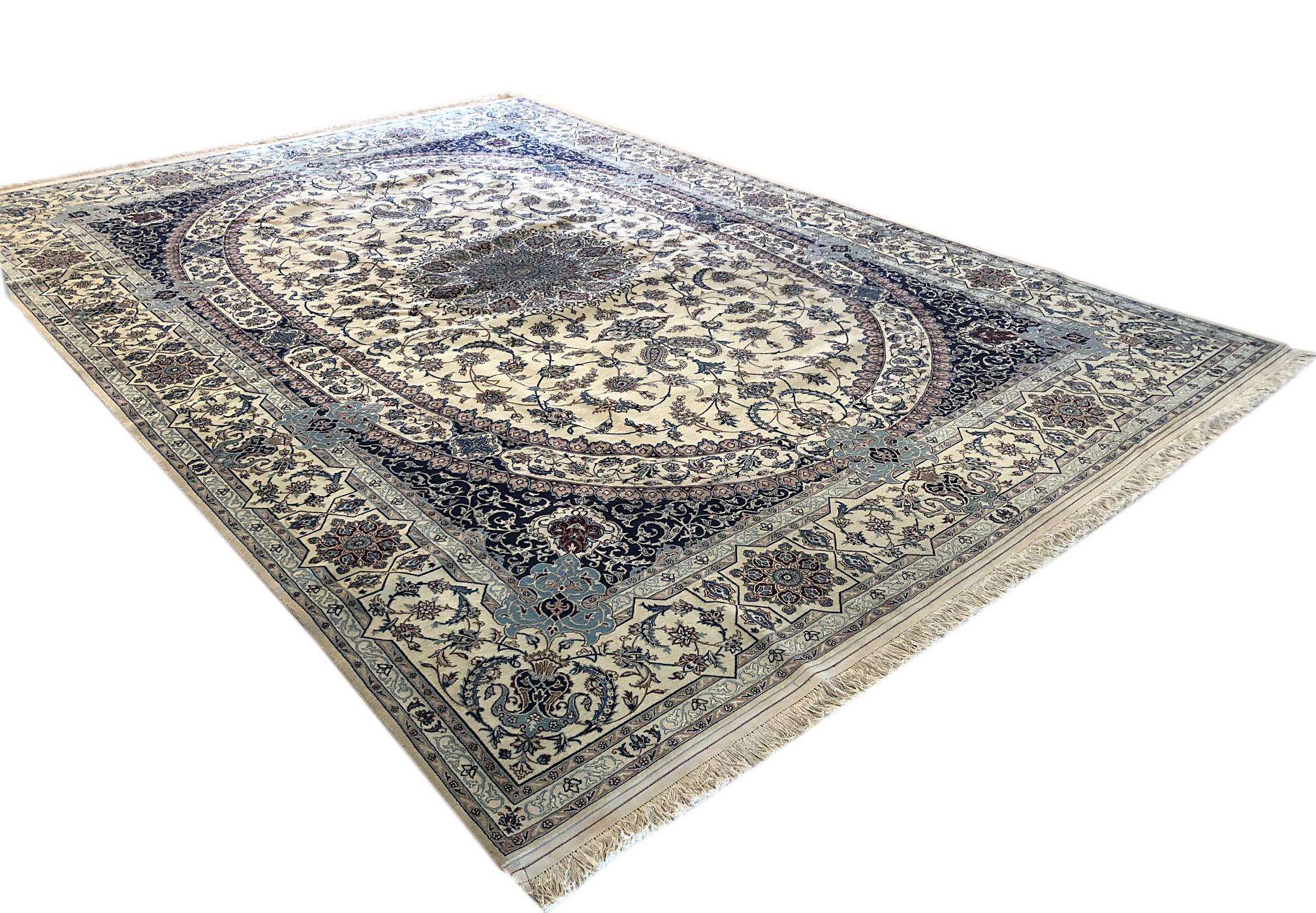 Persian Hand Knotted Oval Medallion Floral Cream Blue Nain Rug 6 La For Sale 8