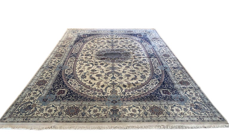 Persian Hand Knotted Oval Medallion Floral Cream Blue Nain Rug 6 La For  Sale at 1stDibs