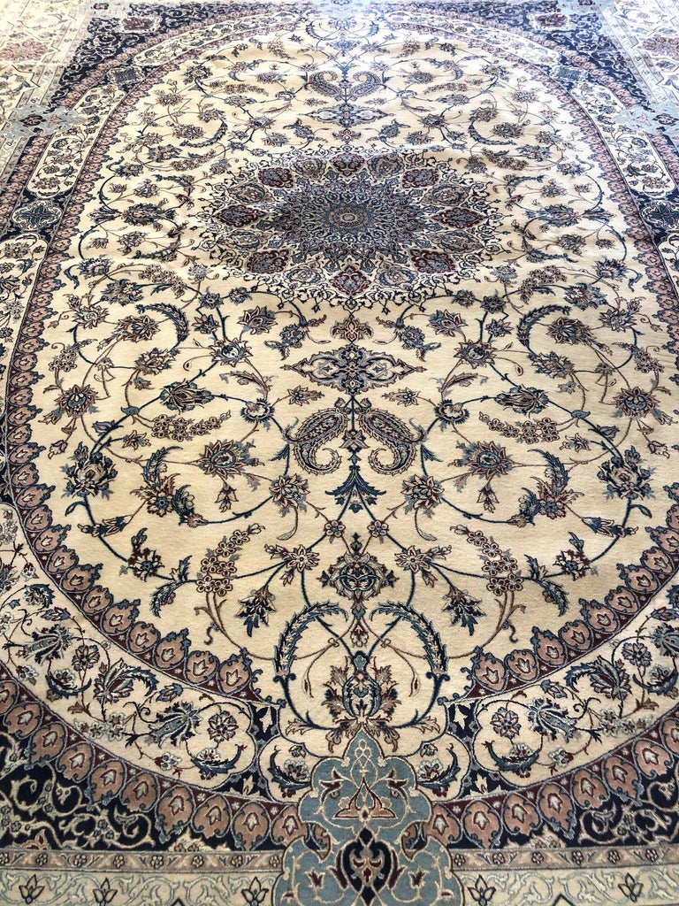 Persian Hand Knotted Oval Medallion Floral Cream Blue Nain Rug 6 La For