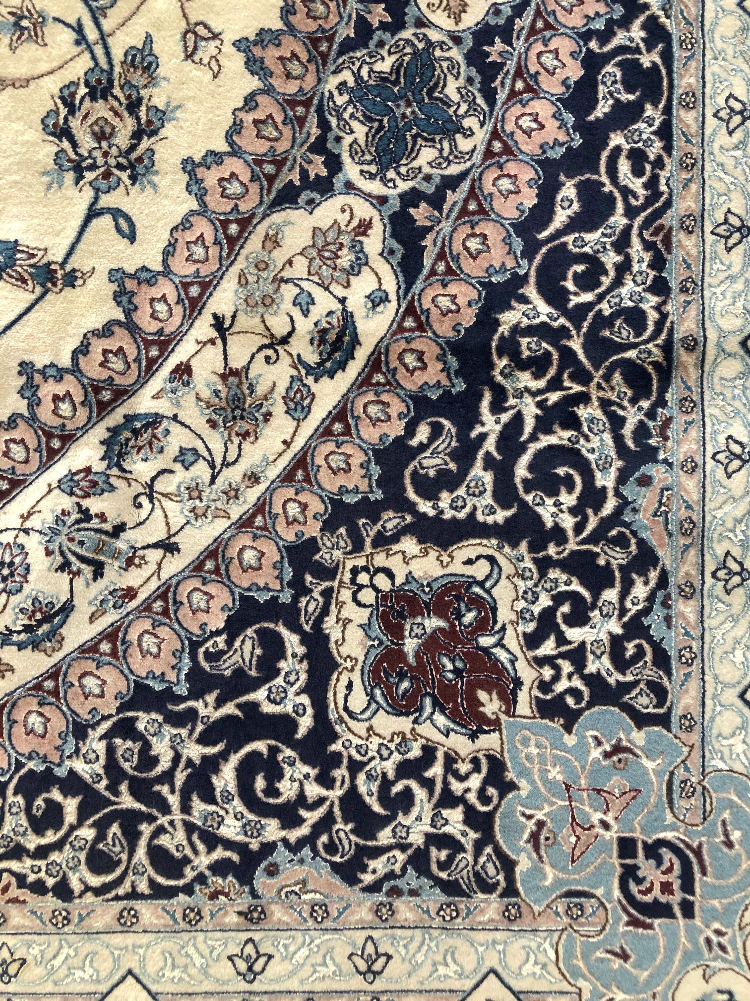 Persian Hand Knotted Oval Medallion Floral Cream Blue Nain Rug 6 La In Good Condition For Sale In San Diego, CA